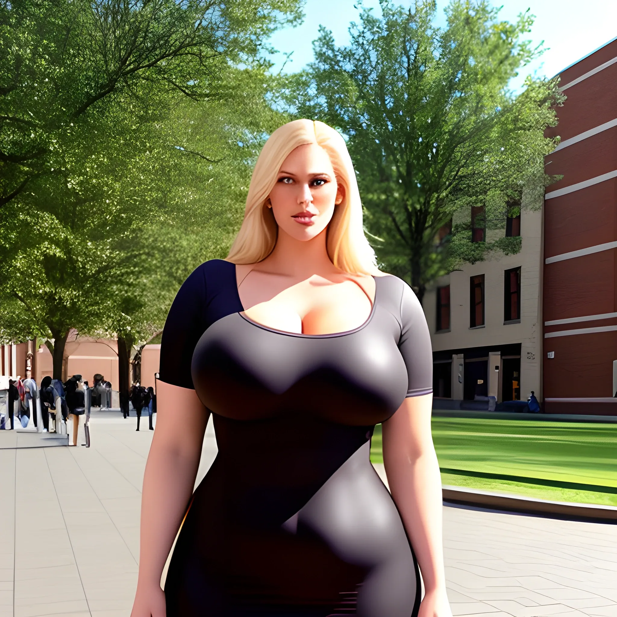 huge and very tall friendly blonde plus size girl with small head and broad shoulders, not curvy but massive, on busy schoolyard towerring among other students and teachers