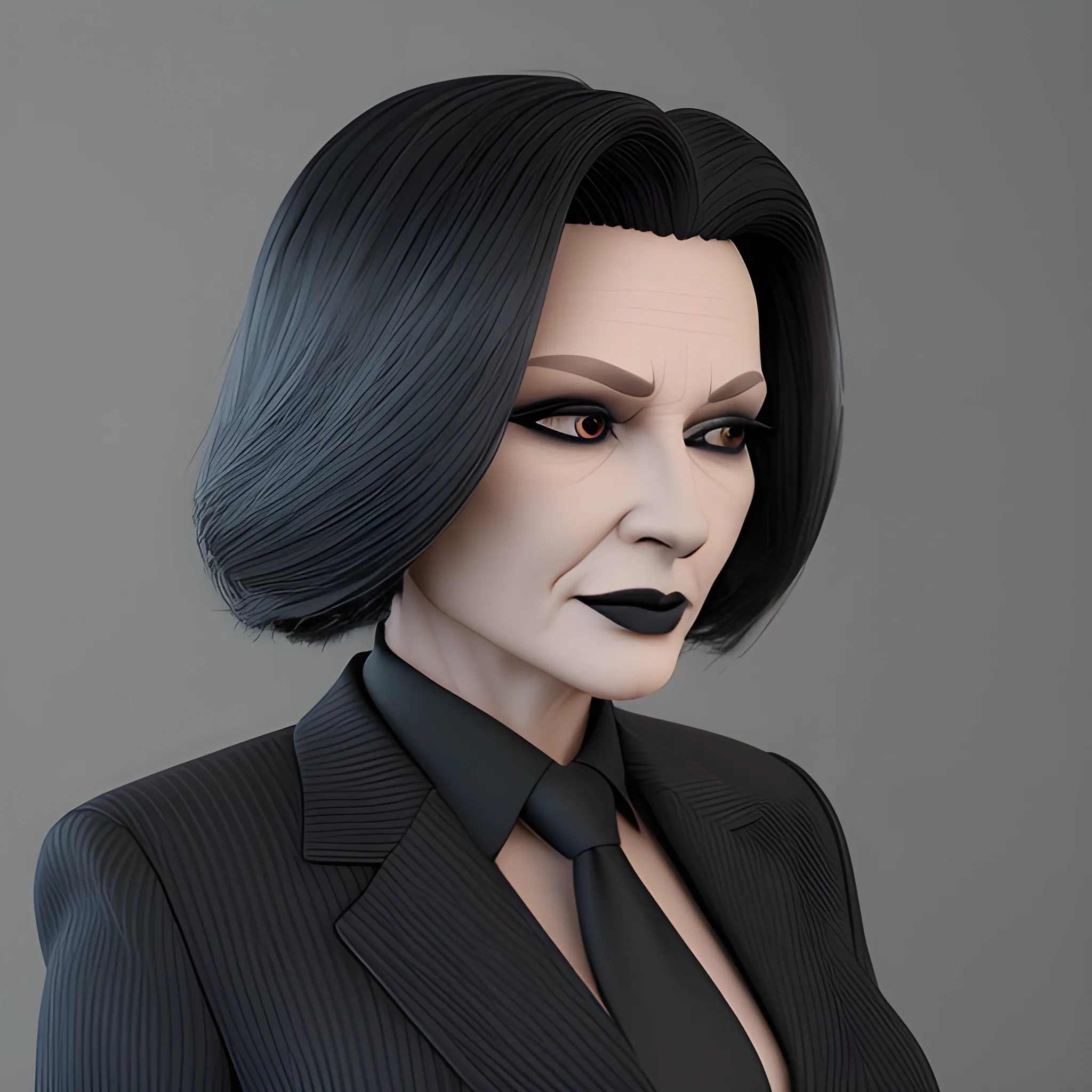 Beautiful grayish shoulder length haired 60 year old business woman with black lipstick and eye makeup dressed in an all black business suit all black button up shirt black long tie full body pose photo realistic 24k ultra realistic quality 3D no deformation