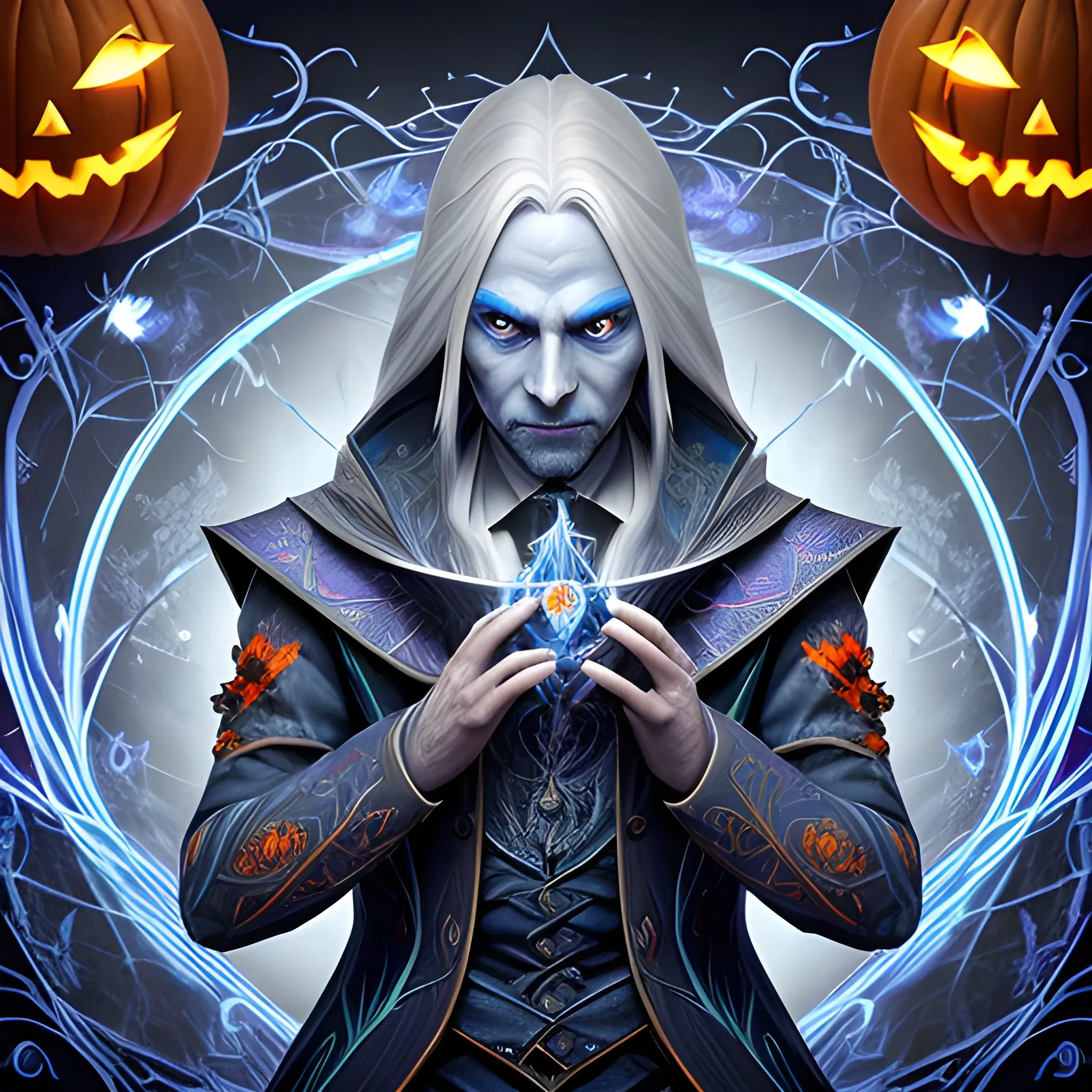 A hyper detailed, gaming style picture of a mysterious magician, who is a character in a game like Dota 2, about magical adventures, witches and magicians, with detailed face, with long grey hair, magic aura in one hand, wearing a fantasy style dark blue and white wear, wrapped in blue lines with beautiful hyper detailed dynamic background and orange halloween pumpkins in the back