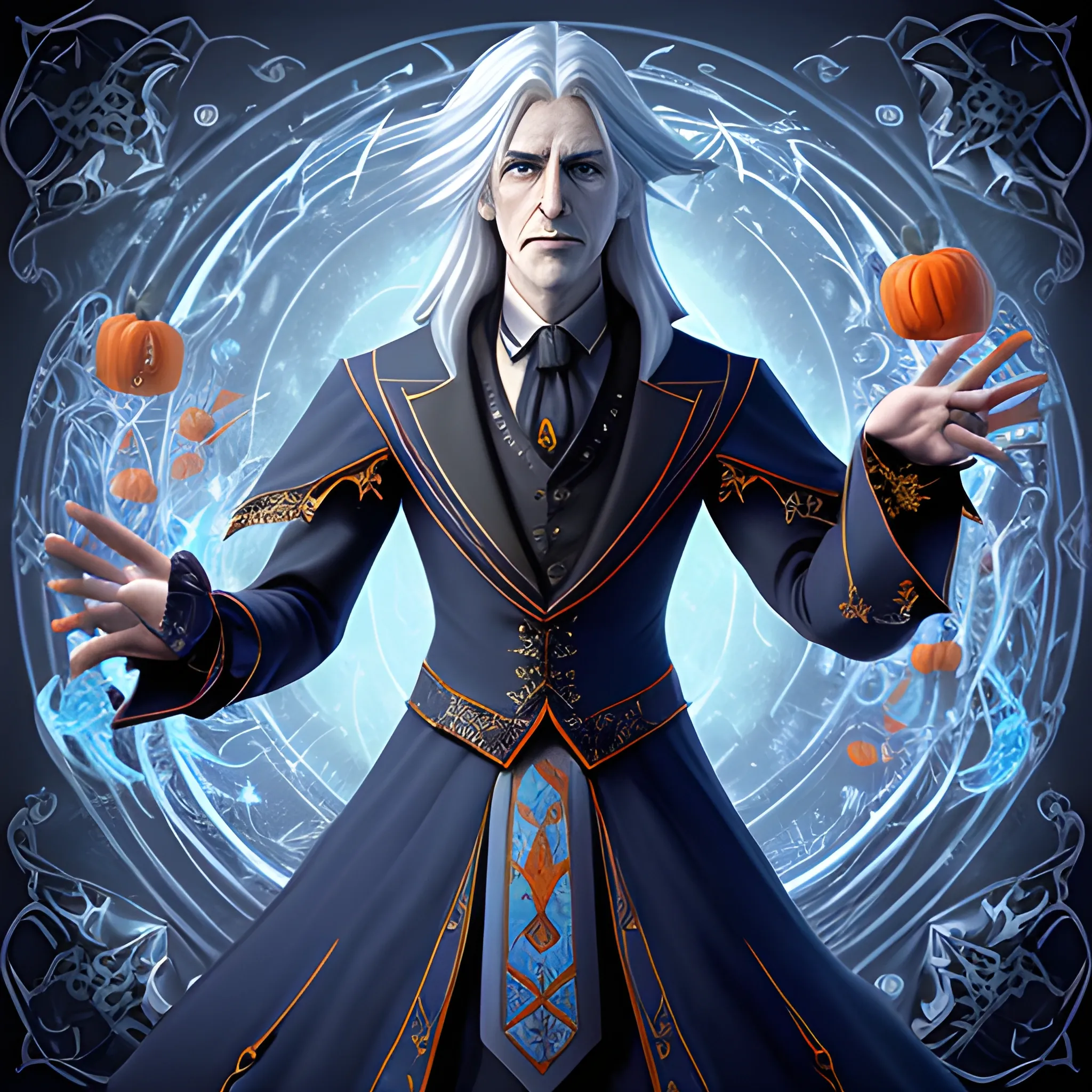 A hyper detailed, gaming style picture of a mysterious magician full length, who is a character in a game like Dota 2, about magical adventures, witches and magicians, with detailed face, with long grey hair, magic aura in one hand, wearing a fantasy style dark blue and white wear, wrapped in blue lines with beautiful hyper detailed dynamic background and orange halloween pumpkins in the back