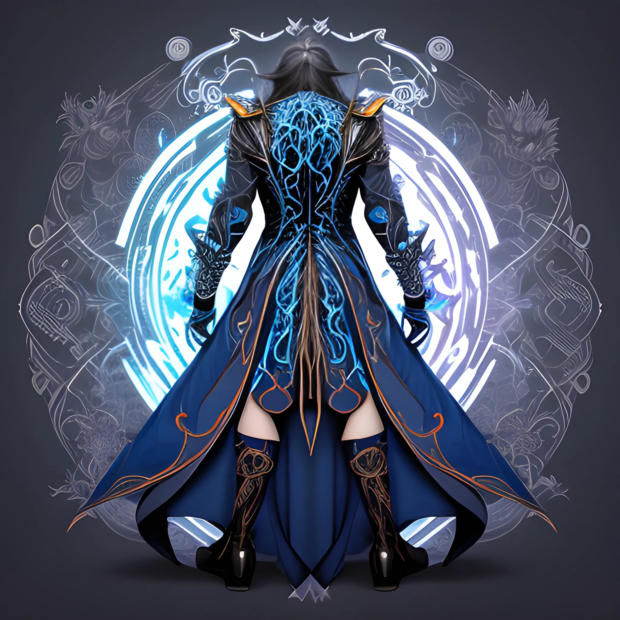 A hyper detailed, gaming style picture of a mysterious magician full length, who is a character in a game like Dota 2, about magical adventures, witches and magicians, with detailed face, with long grey hair, his arm glows with magic aura, wearing a fantasy style dark blue and white wear, wrapped in blue lines with beautiful hyper detailed dynamic background and orange halloween pumpkins in the back