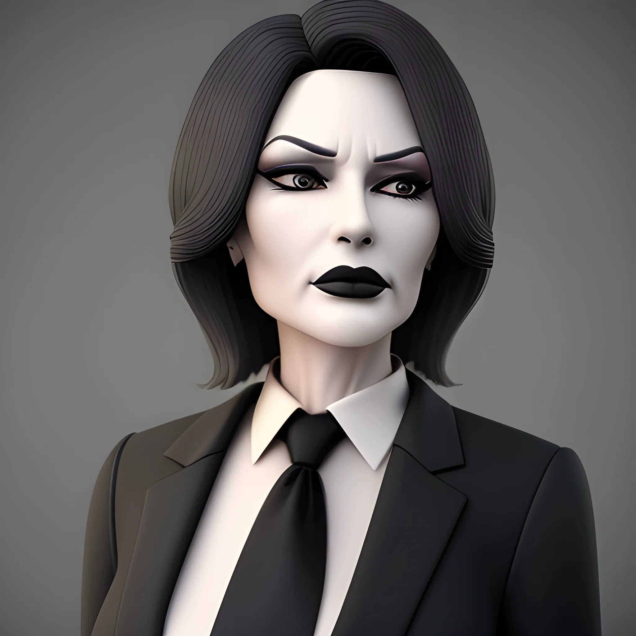 Beautiful grayish shoulder length haired 60 year old business woman with black lipstick and eye makeup dressed in an all black business suit all black button up shirt black long tie full body pose photo realistic 24k ultra realistic quality 3D no deformation