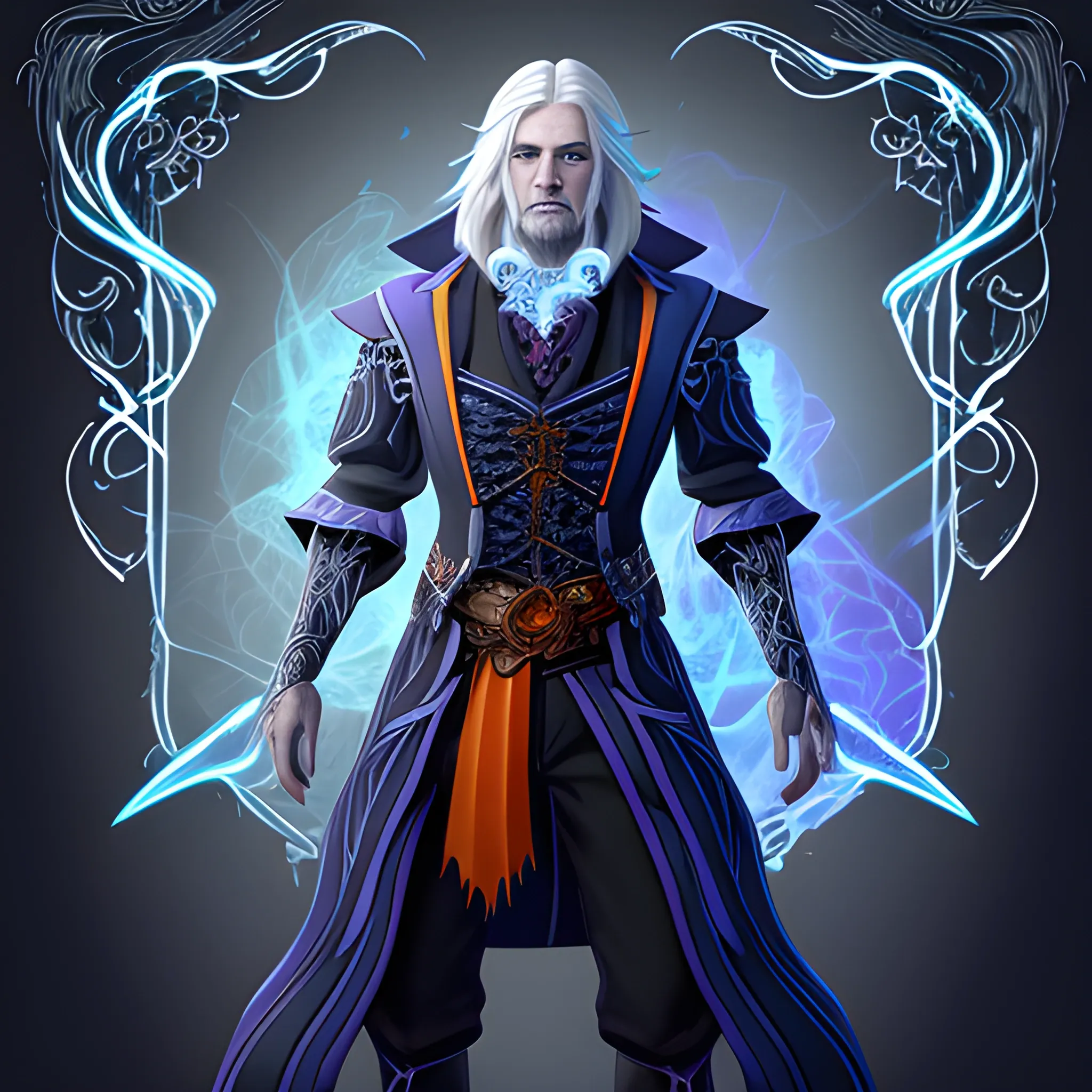 A hyper detailed, gaming style picture of a mysterious magician full length, who is a character in a game like Dota 2, about magical adventures, witches and magicians, with detailed face, with long grey hair, his arm glows with magic aura, wearing a fantasy style dark blue and white wear, wrapped in blue lines with beautiful hyper detailed background with ambient lights and orange halloween pumpkins in the back