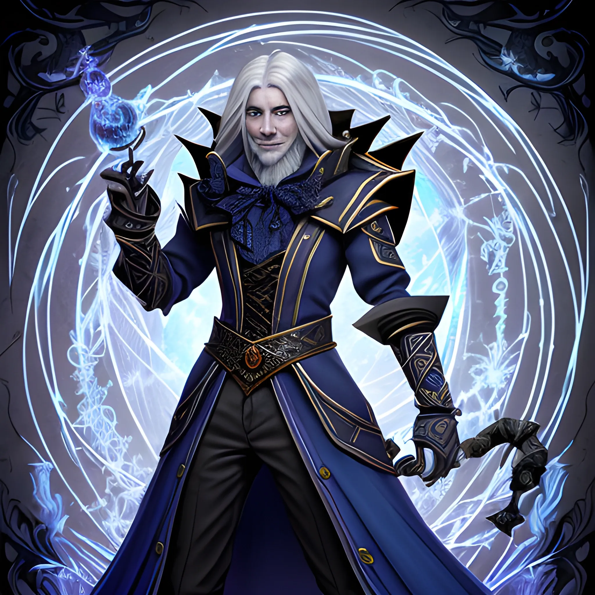 A hyper detailed, gaming style picture of a mysterious magician full length, who is a character in a game like Dota 2, about magical adventures, witches and magicians, with detailed face, with long grey hair, his arm glows with magic aura, wearing a fantasy style dark blue and white wear, wrapped in blue lines with beautiful hyper detailed background and orange halloween pumpkins in the back