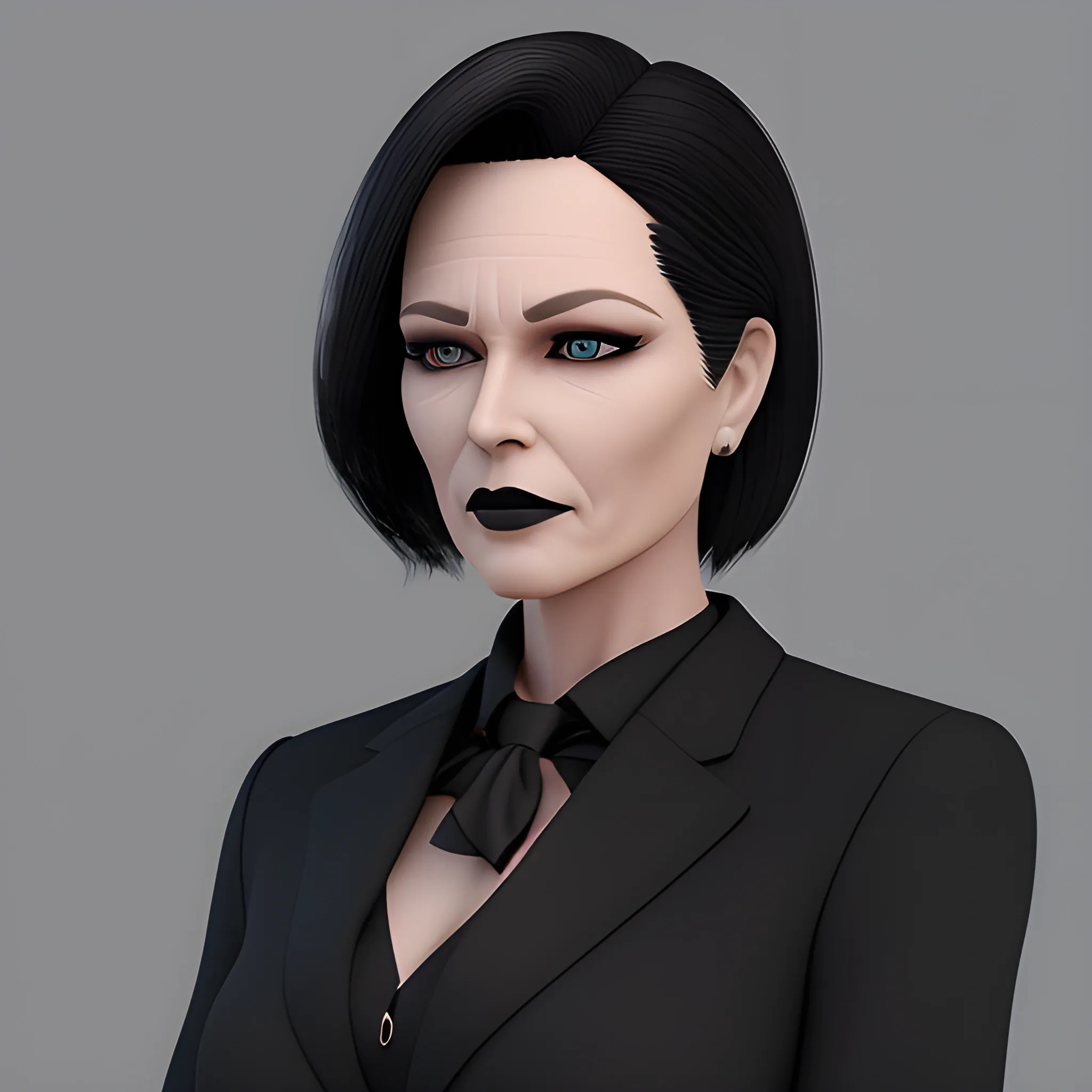 Beautiful grayish shoulder length haired 60 year old business woman with black lipstick and eye makeup dressed in an all black business suit all black button up shirt black long tie full body pose photo realistic 24k ultra realistic quality 3D no deformation