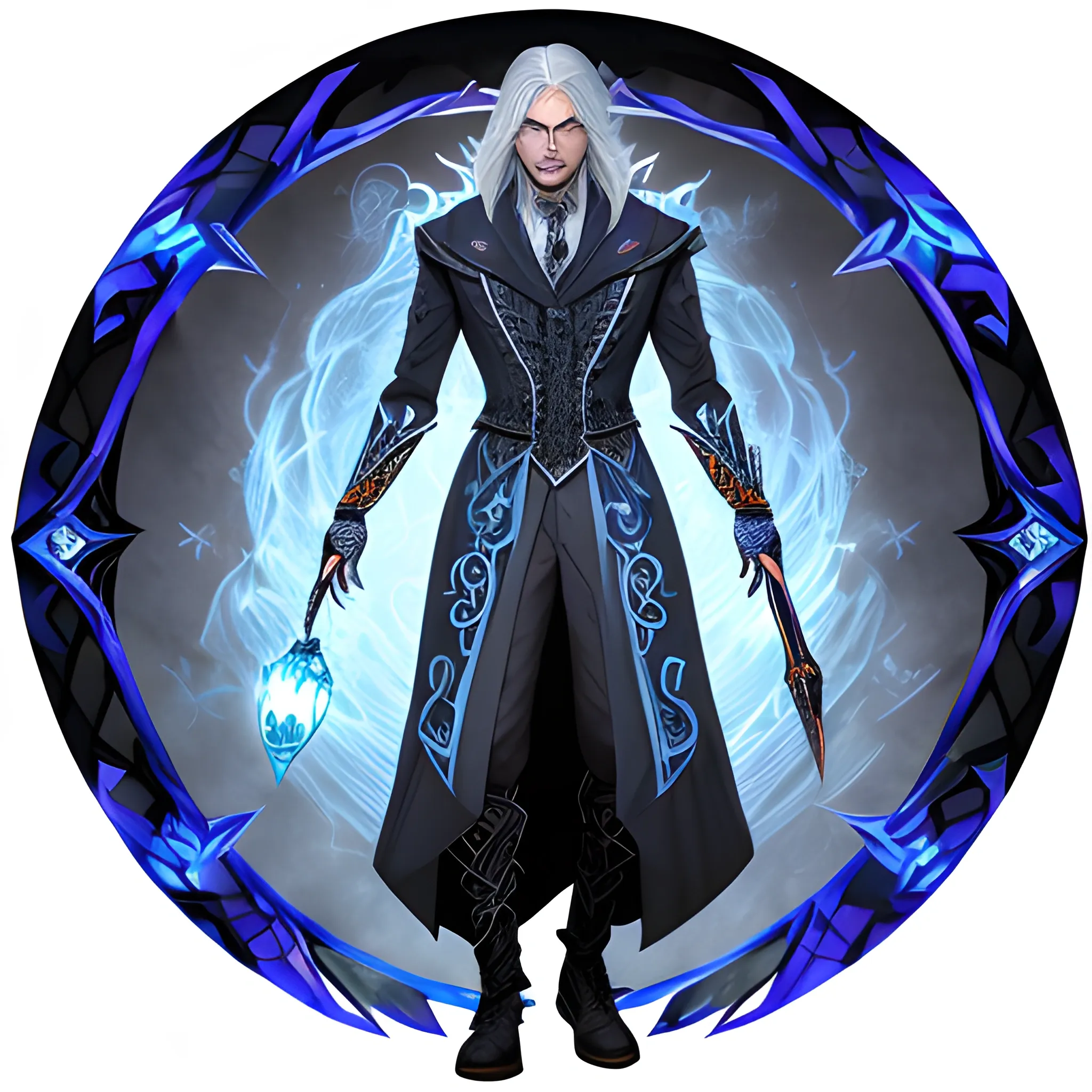 A hyper detailed, gaming style picture of a mysterious magician full length, who is a character in a game like Dota 2, about magical adventures, witches and magicians, with hyper detailed face, with long grey hair, his arm glows with magic aura, wearing a fantasy style dark blue and white wear, wrapped in blue lines with beautiful hyper detailed background and orange halloween pumpkins