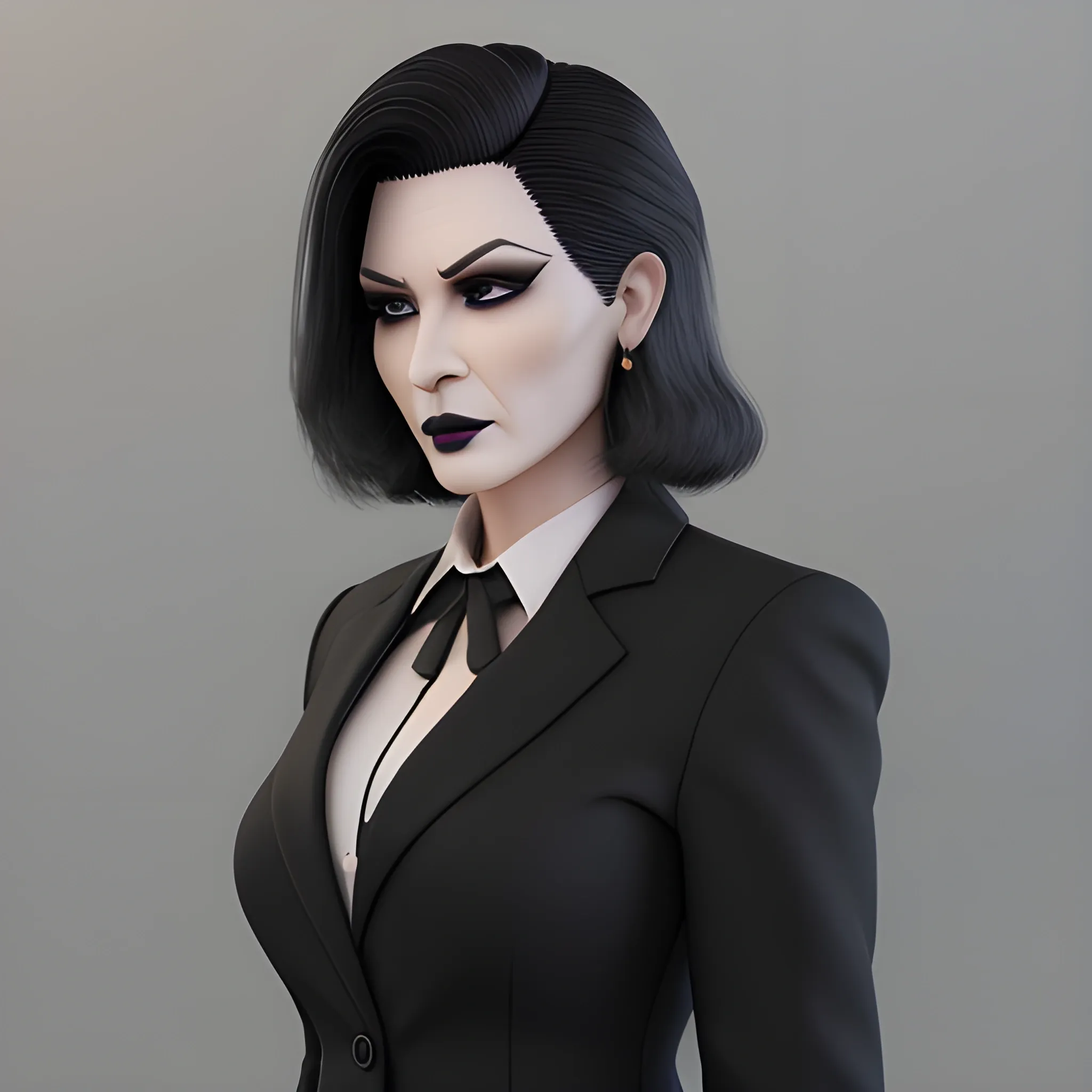 Beautiful grayish shoulder length haired 60 year old business woman with black lipstick and eye makeup dressed in an all black business suit all black button up shirt black long tie full body pose photo realistic 24k ultra realistic quality 3D no deformation