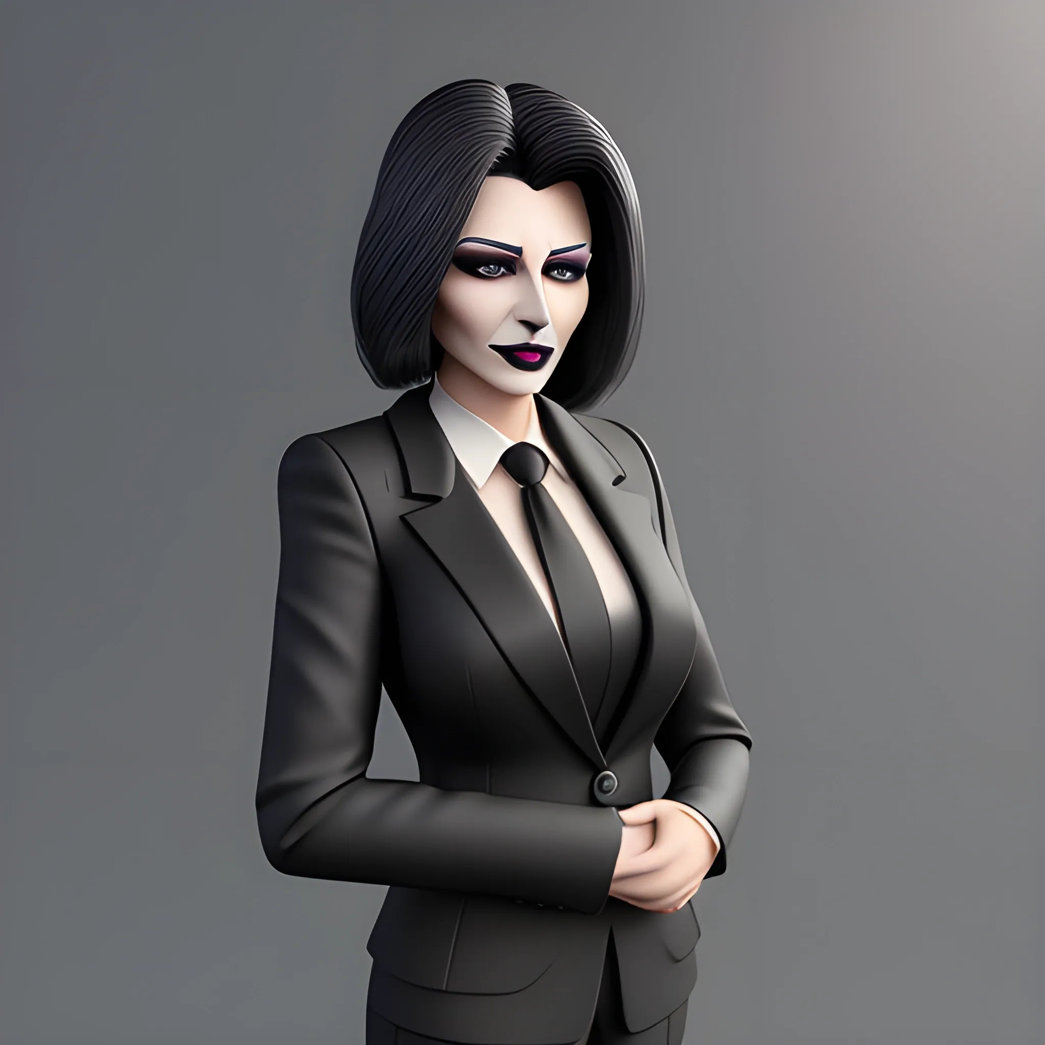 Beautiful grayish shoulder length haired 60 year old business woman with black lipstick and eye makeup dressed in an all black business suit black long tie full body pose photo realistic 24k ultra realistic quality 3D no deformation