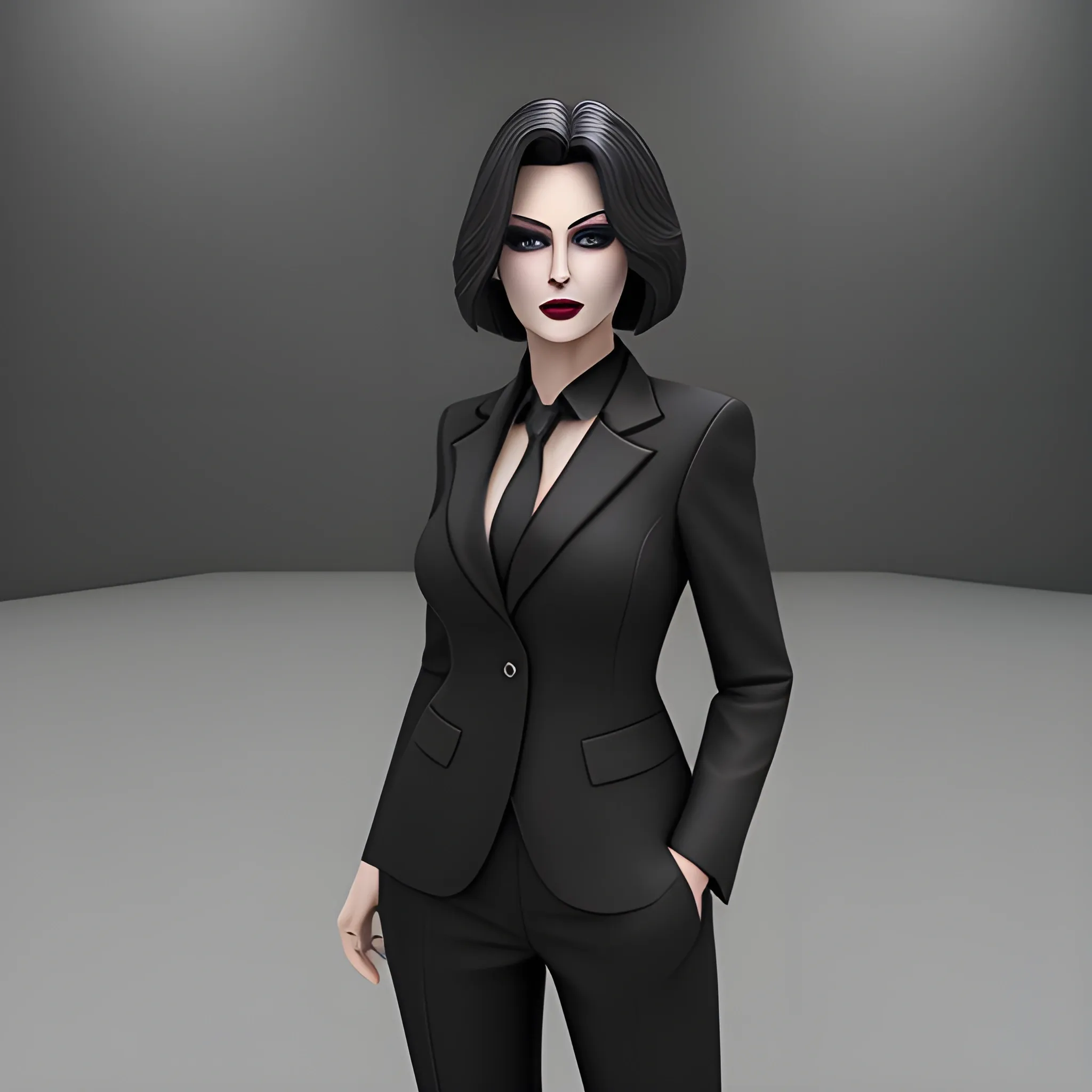 Beautiful grayish shoulder length haired 60 year old business woman with black lipstick and eye makeup dressed in an all black business suit black long tie full body pose photo realistic 24k ultra realistic quality 3D no deformation