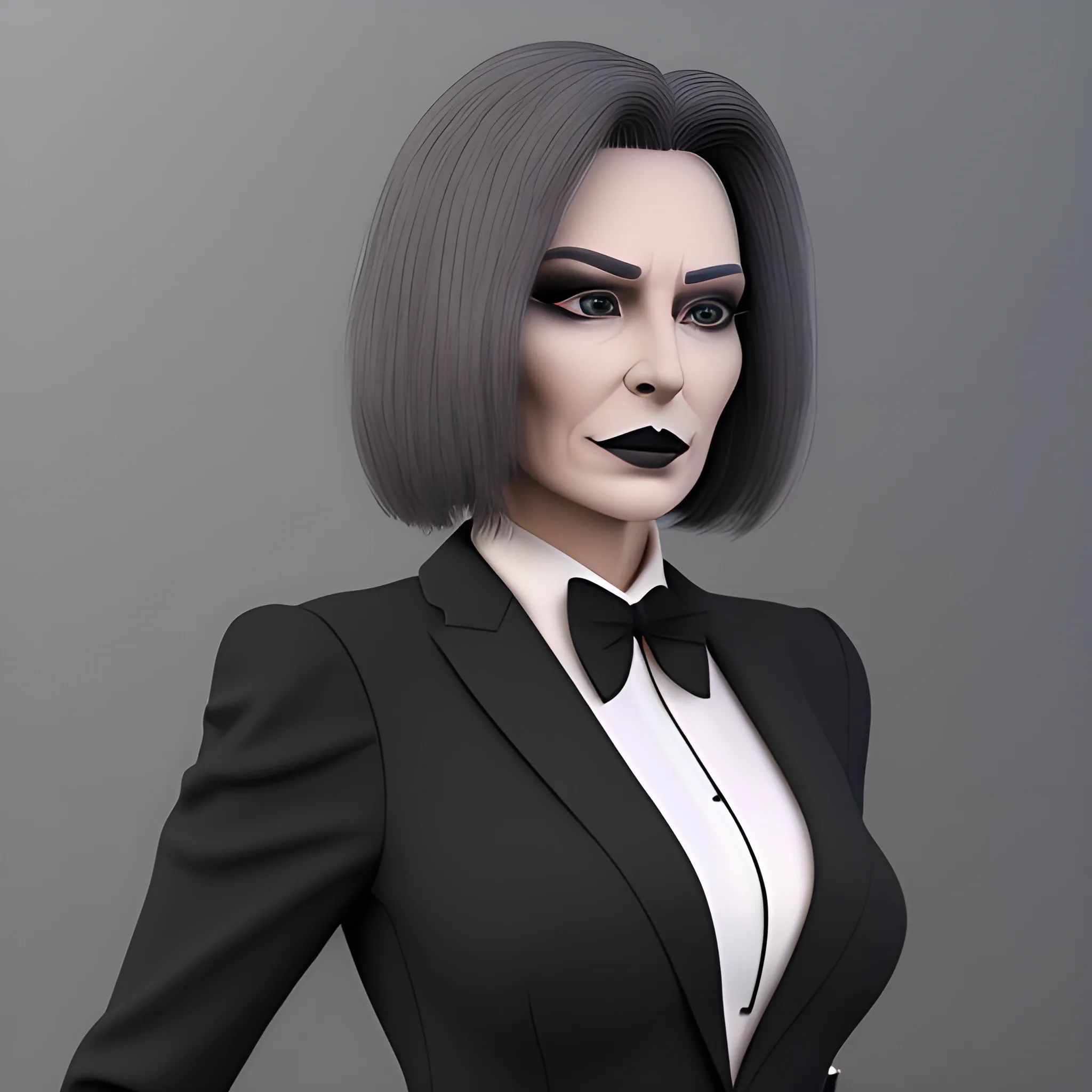 Beautiful grayish shoulder length haired 60 year old business woman with black lipstick and eye makeup dressed in an all black business suit black long tie full body pose photo realistic 24k ultra realistic quality 3D no deformation