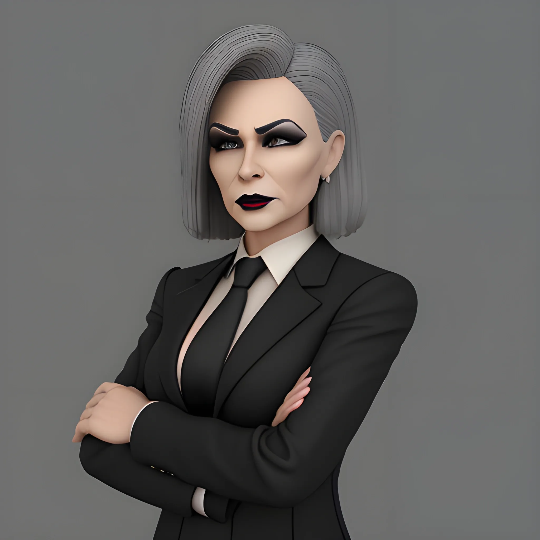 Beautiful grayish shoulder length haired 60 year old business woman with black lipstick and eye makeup dressed in an all black business suit black long tie full body pose photo realistic 24k ultra realistic quality 3D no deformation