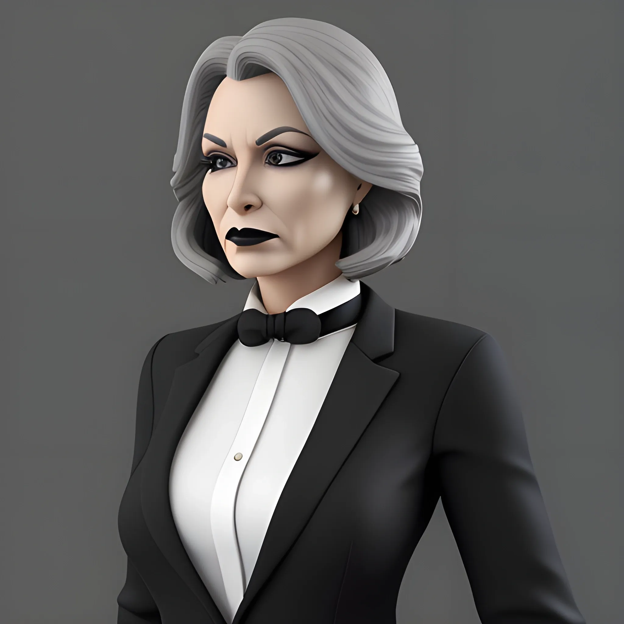 Beautiful grayish shoulder length haired 60 year old business woman with black lipstick and eye makeup dressed in an all black business suit black long tie full body pose photo realistic 24k ultra realistic quality 3D no deformation