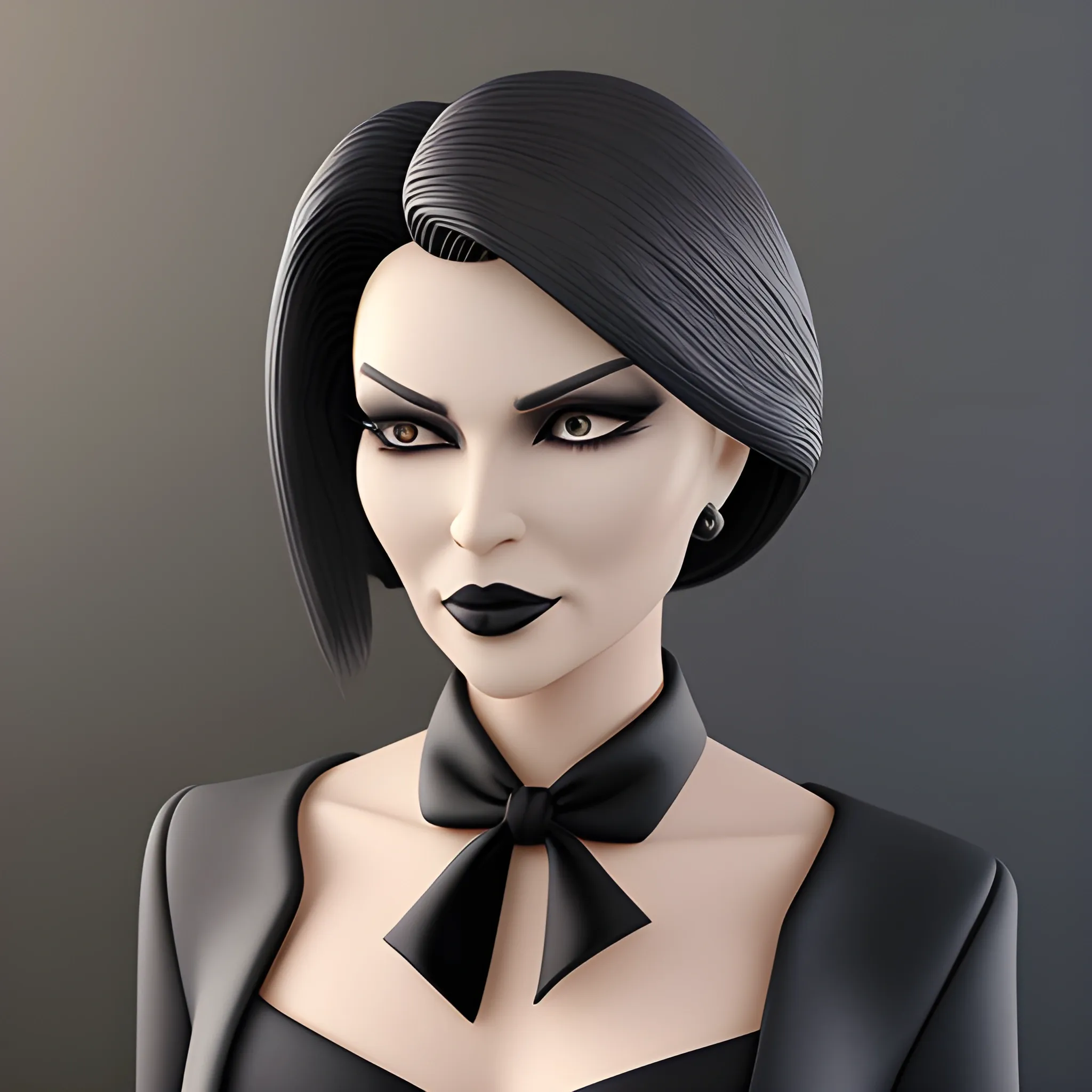 Beautiful grayish shoulder length haired 60 year old business woman with black lipstick and eye makeup dressed in an all black business suit black long tie full body pose photo realistic 24k ultra realistic quality 3D no deformation