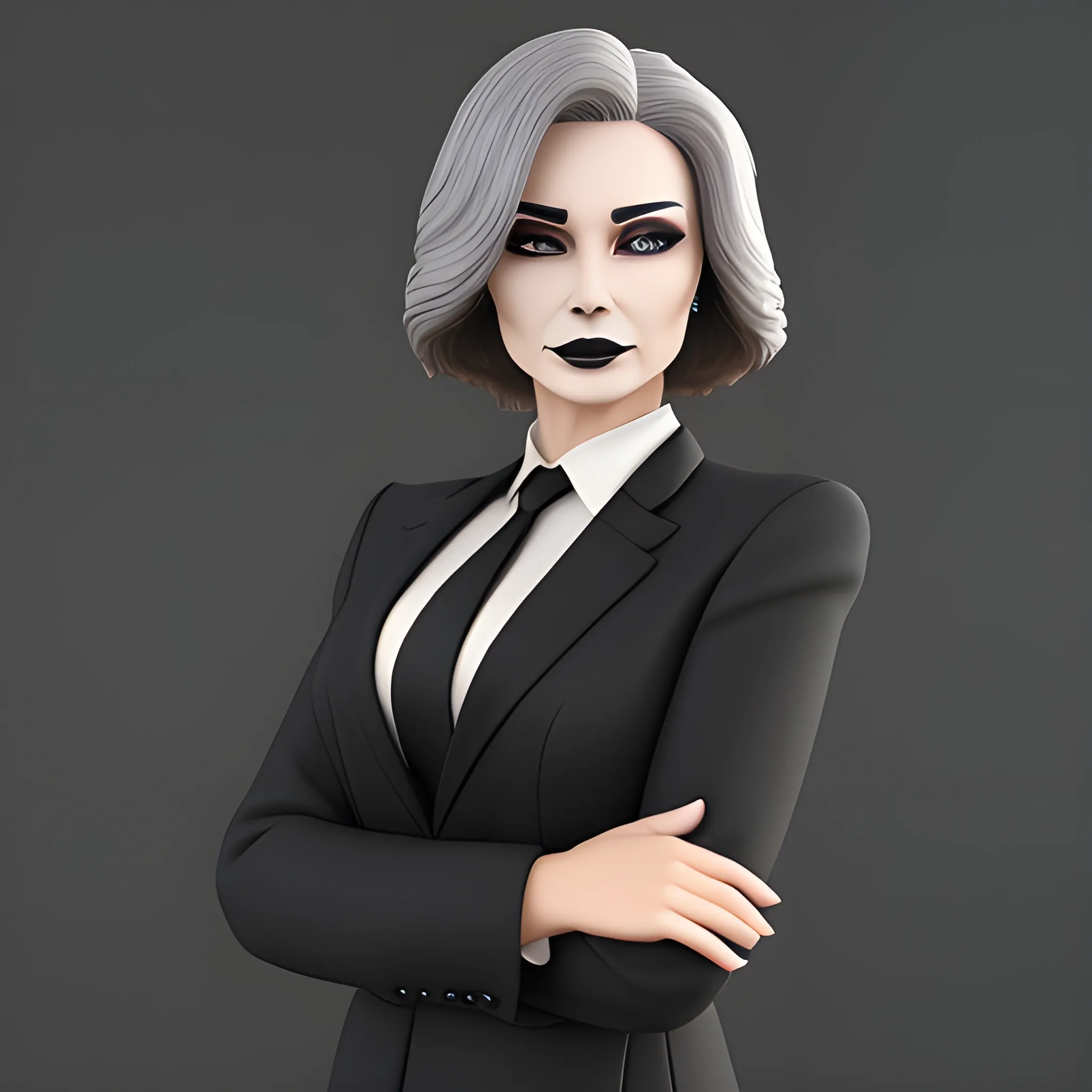 Beautiful grayish shoulder length haired 60 year old business woman with black lipstick and eye makeup dressed in an all black business suit black long tie full body pose photo realistic 24k ultra realistic quality 3D no deformation