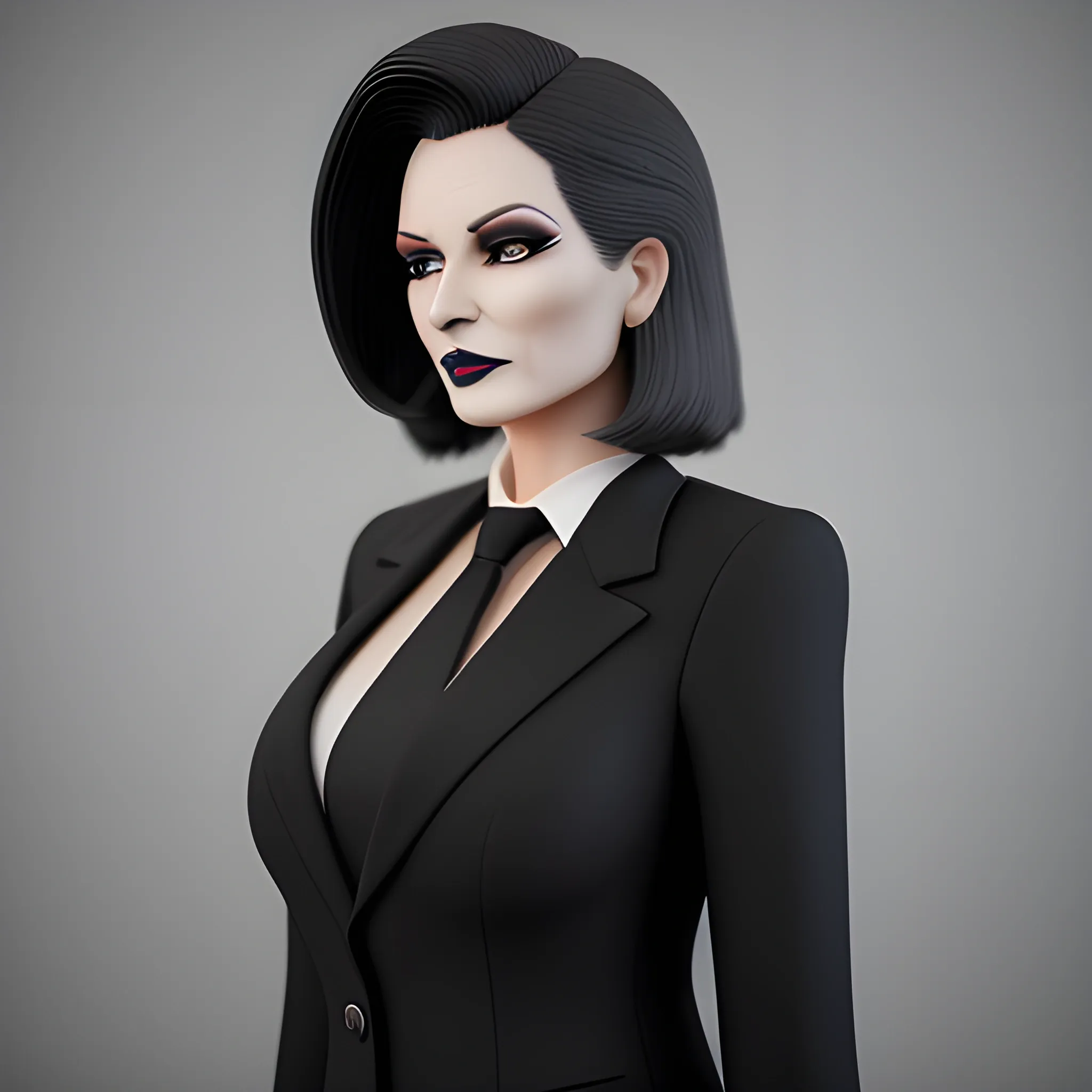 Beautiful grayish shoulder length haired 60 year old business woman with black lipstick and eye makeup dressed in an all black business suit black long tie full body pose photo realistic 24k ultra realistic quality 3D no deformation