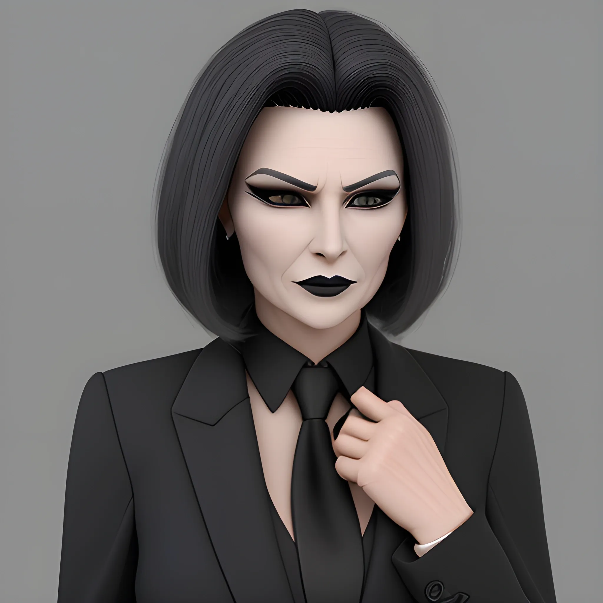 Beautiful grayish shoulder length haired 60 year old business woman with black lipstick and eye makeup dressed in an all black business suit black long tie full body pose photo realistic 24k ultra realistic quality 3D no deformation