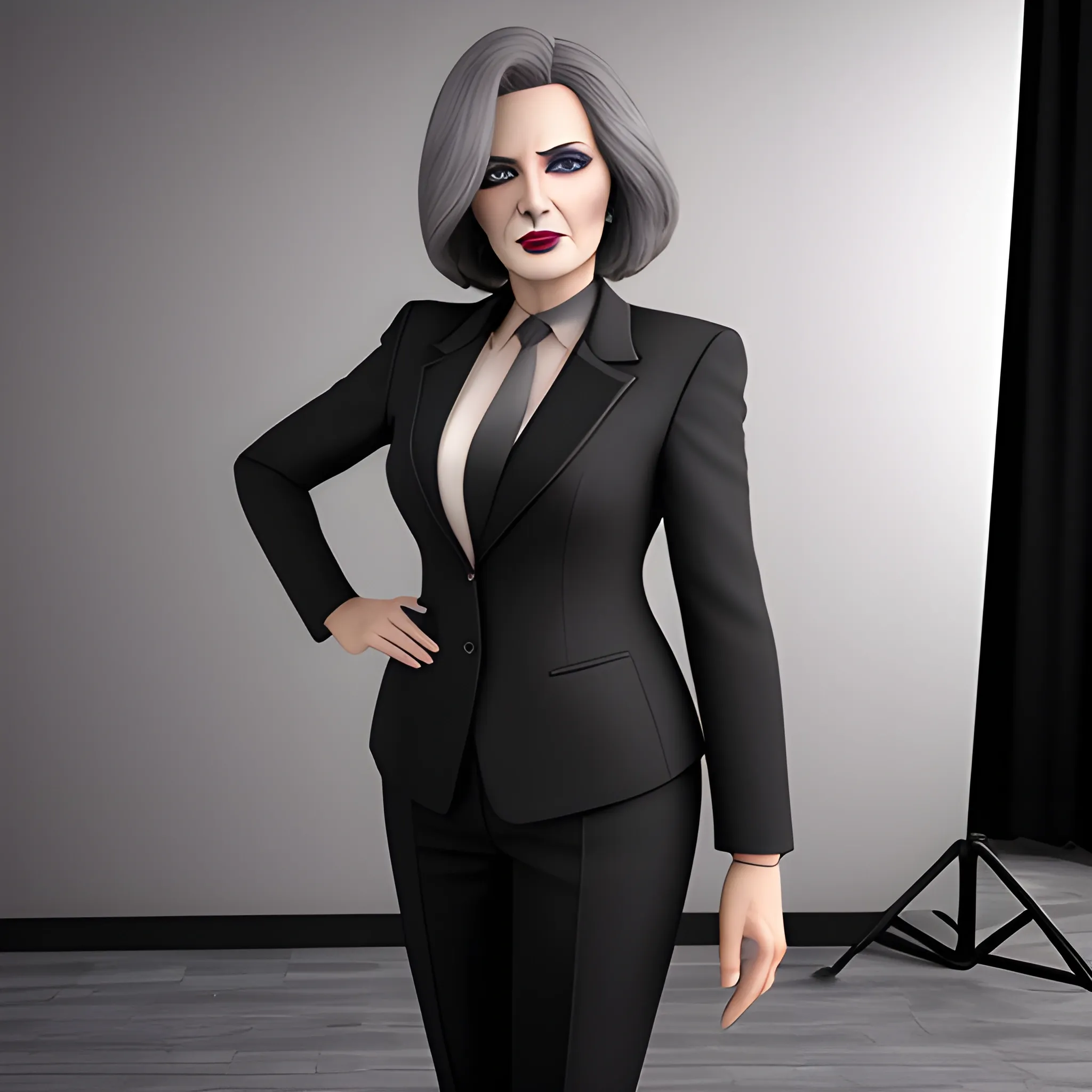 Beautiful grayish shoulder length haired 60 year old business woman with black lipstick and eye makeup dressed in an all black business suit black long tie full body pose photo realistic 24k ultra realistic quality 3D no deformation