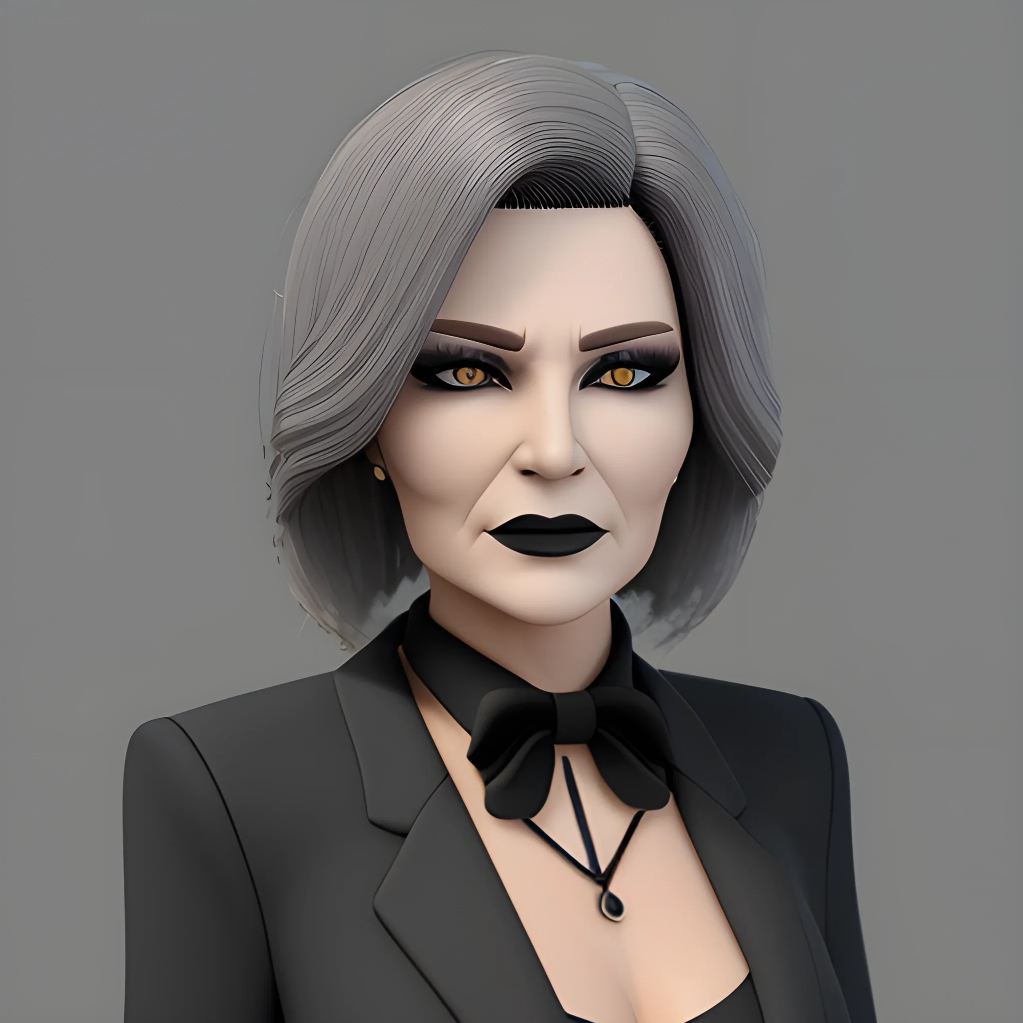 Beautiful grayish shoulder length haired 60 year old business woman with black lipstick and eye makeup dressed in an all black business suit black long tie full body pose photo realistic 24k ultra realistic quality 3D no deformation