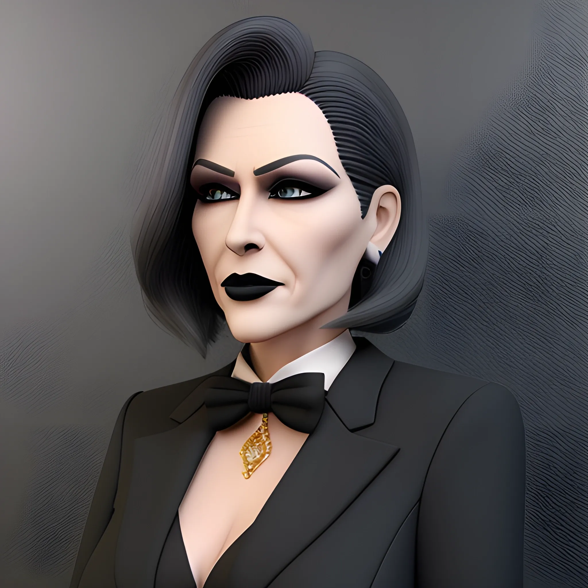 Beautiful grayish shoulder length haired 60 year old business woman with black lipstick and eye makeup dressed in an all black business suit black long tie full body pose photo realistic 24k ultra realistic quality 3D no deformation