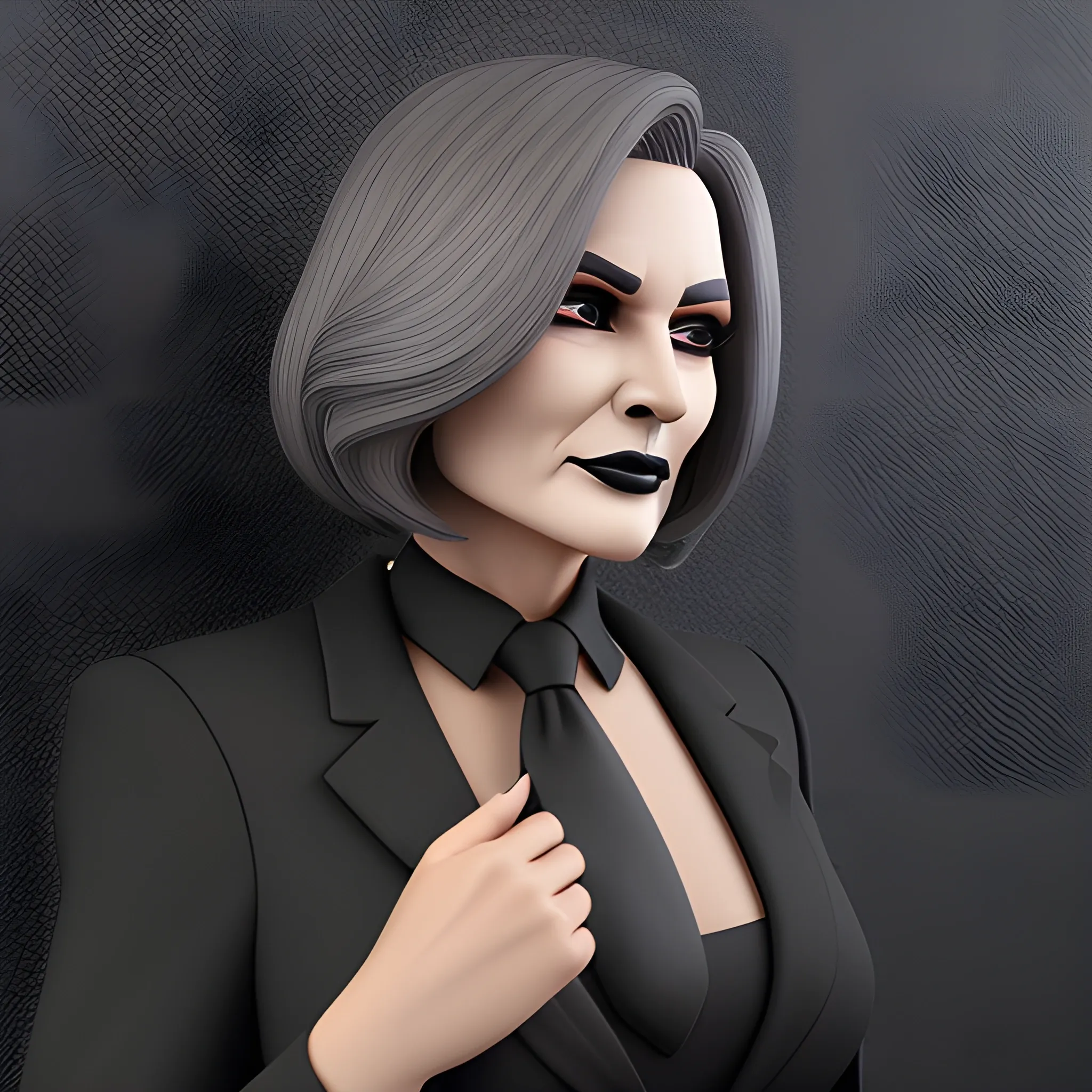 Beautiful grayish shoulder length haired 60 year old business woman with black lipstick and eye makeup dressed in an all black business suit black long tie full body pose photo realistic 24k ultra realistic quality 3D no deformation