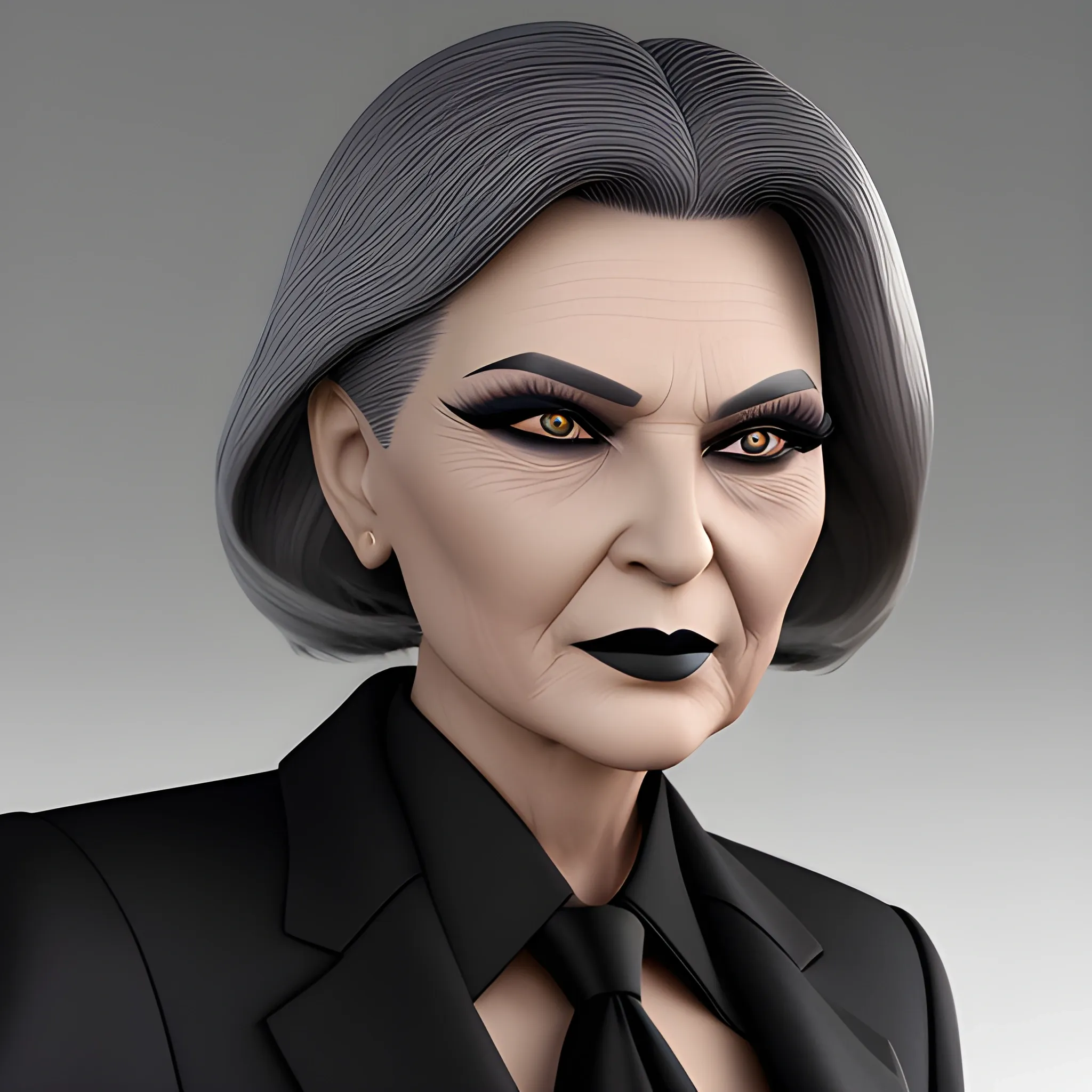 Beautiful grayish shoulder length haired 75 year old business woman with black lipstick and eye makeup dressed in an all black business suit black long tie full body pose photo realistic 24k ultra realistic quality 3D no deformation