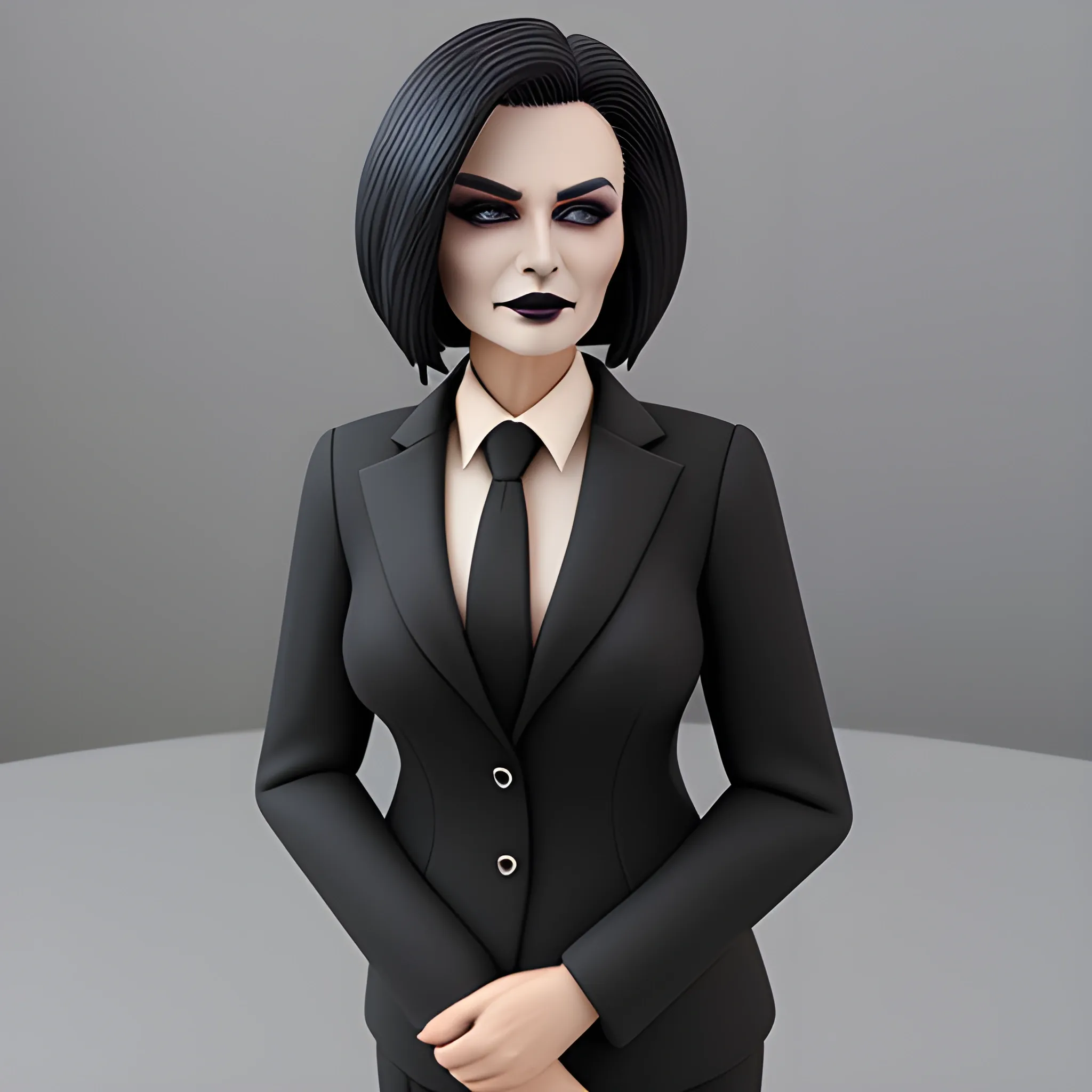 Beautiful grayish shoulder length haired 75 year old business woman with black lipstick and eye makeup dressed in an all black business suit black long tie full body pose photo realistic 24k ultra realistic quality 3D no deformation