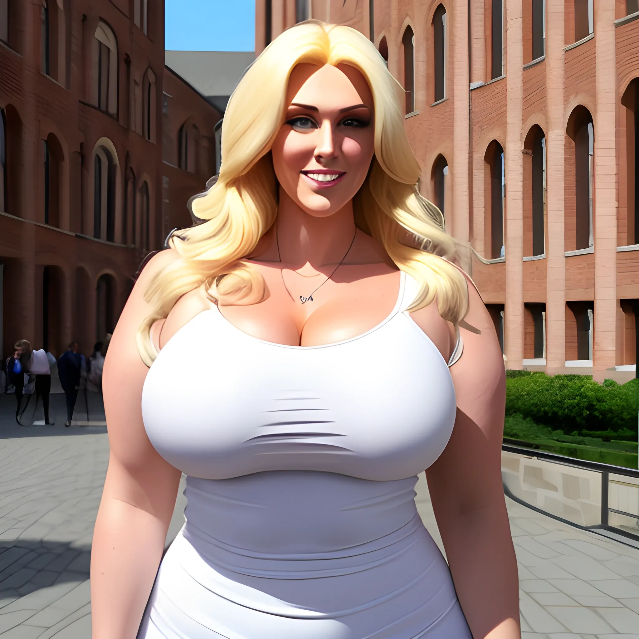 huge and very tall friendly blonde plus size girl with small head and broad shoulders, not curvy but massive, on busy schoolyard towerring among other students and teachers