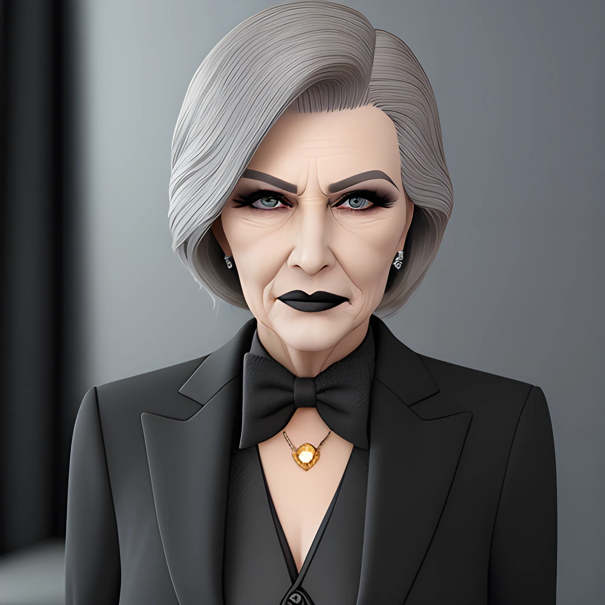 Beautiful grayish shoulder length haired 75 year old business woman with black lipstick and eye makeup dressed in an all black business suit black long tie full body pose photo realistic 24k ultra realistic quality 3D no deformation