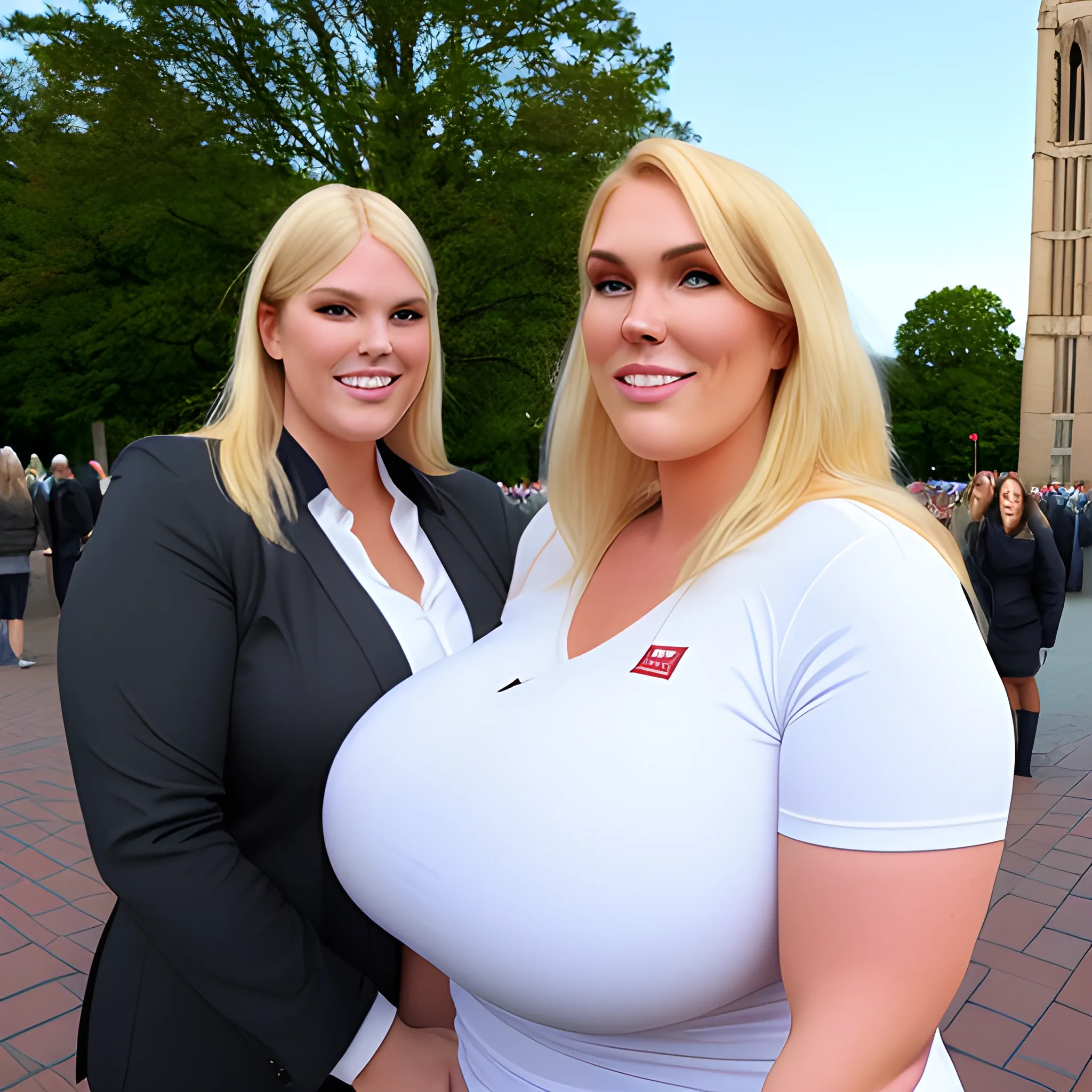 huge and very tall friendly blonde plus size girl with small head and broad shoulders, not curvy but massive, on busy schoolyard towerring among other students and teachers