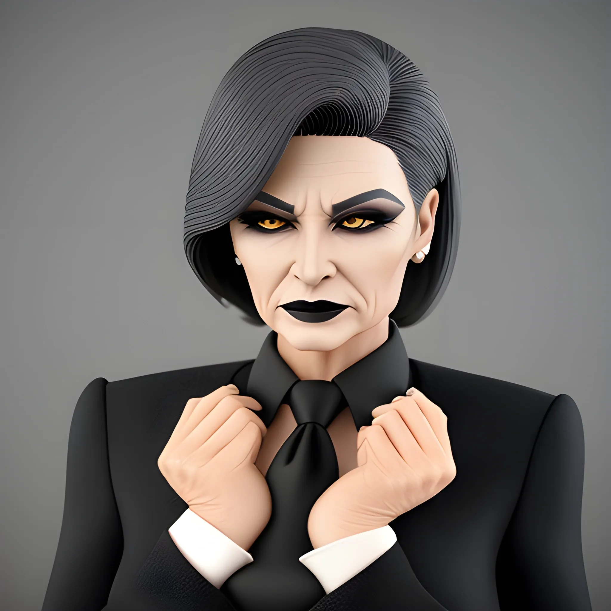 Beautiful grayish shoulder length haired 75 year old business woman with black lipstick and eye makeup dressed in an all black business suit black long tie full body pose photo realistic 24k ultra realistic quality 3D no deformation