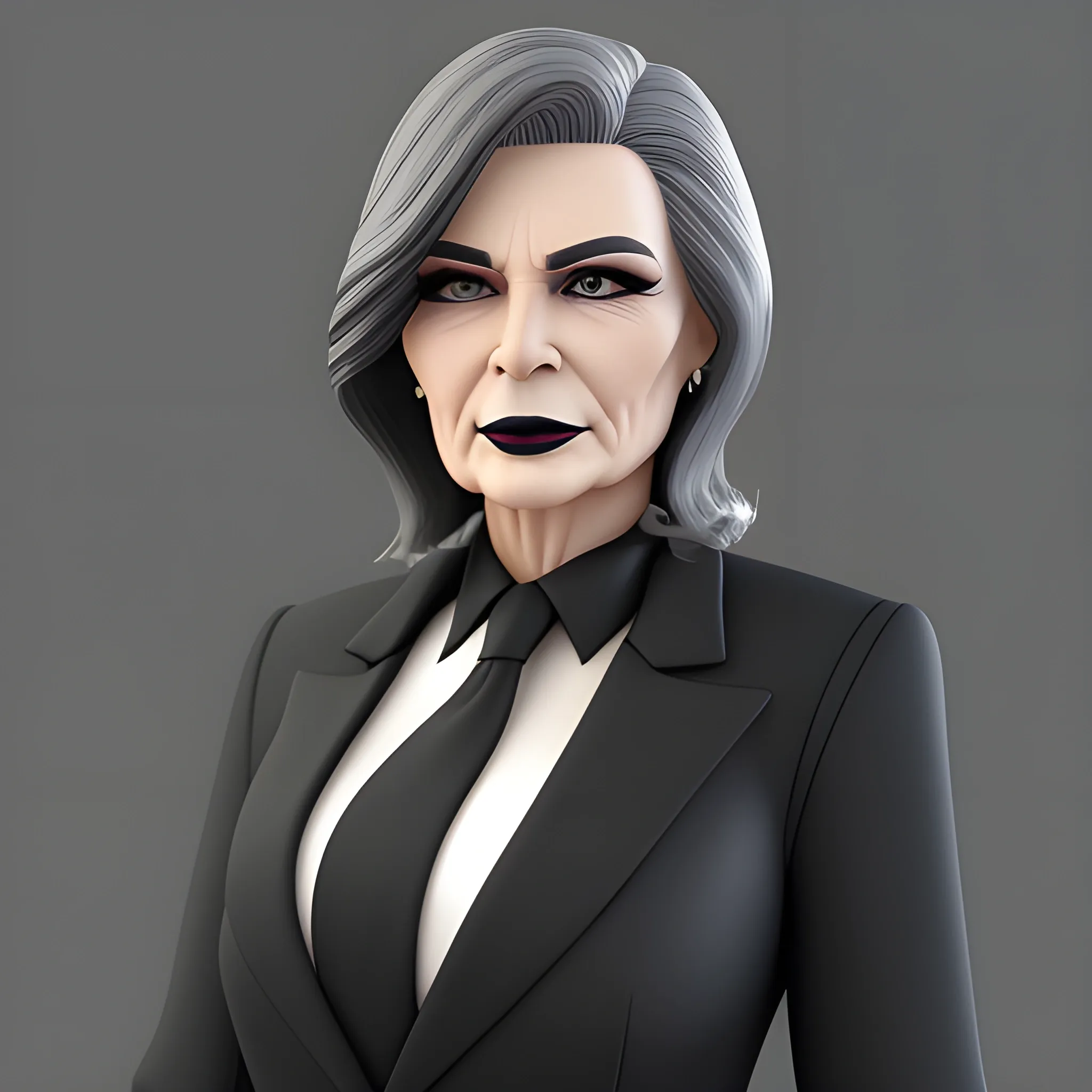 Beautiful grayish shoulder length haired 75 year old business woman with black lipstick and eye makeup dressed in an all black business suit black long tie full body pose photo realistic 24k ultra realistic quality 3D no deformation