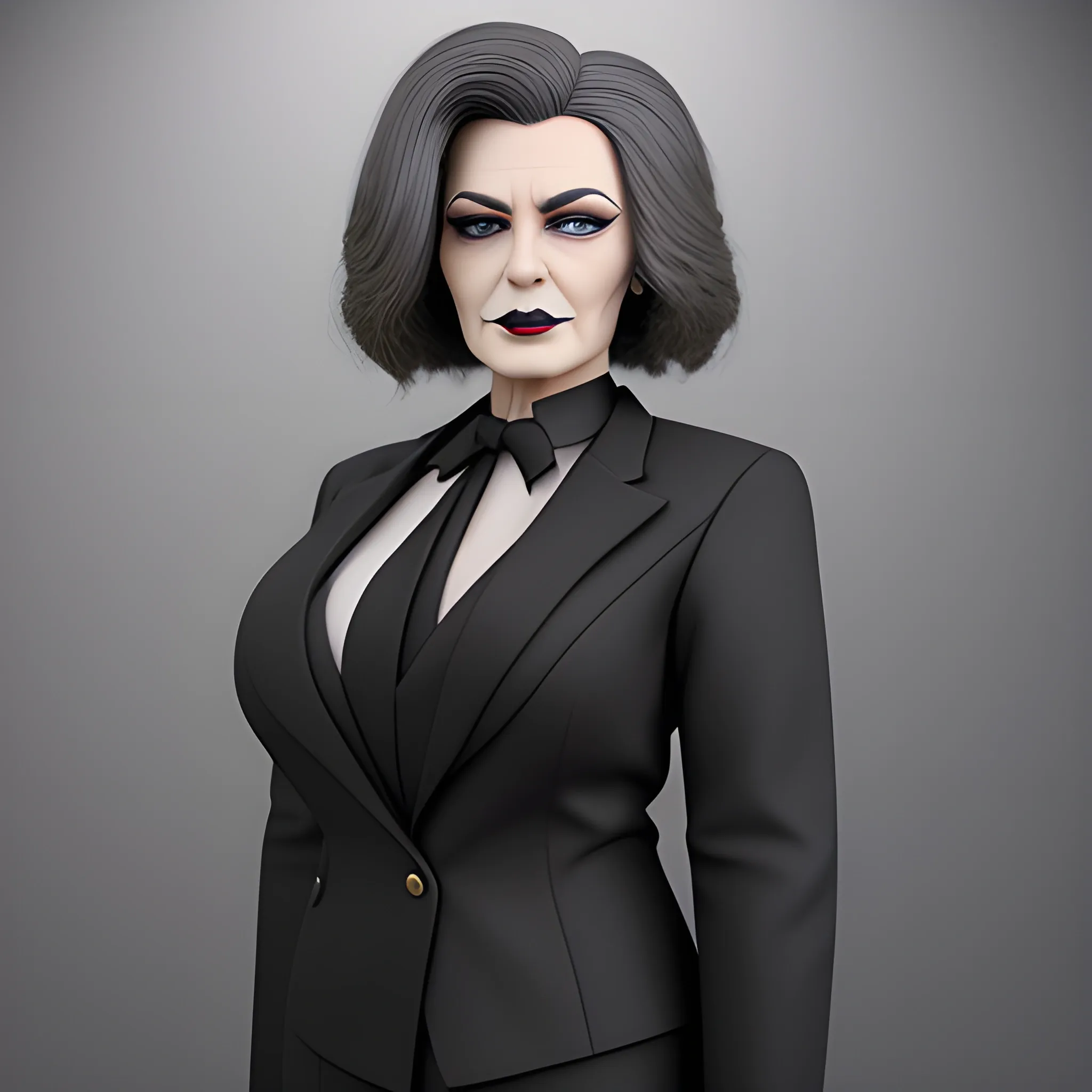 Beautiful grayish shoulder length haired 80 year old business woman with black lipstick and eye makeup dressed in an all black business suit black long tie full body pose photo realistic 24k ultra realistic quality 3D no deformation