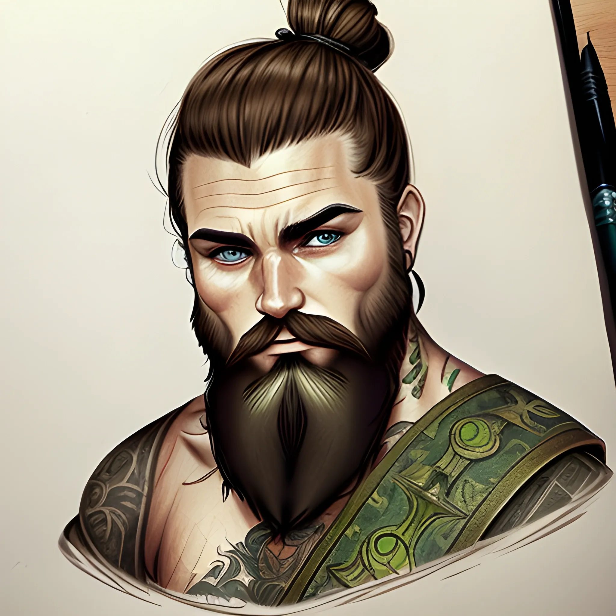 brown hair, man bun, beard, green eyes, dnd artstyle ,monk ,
 tattoos, Pencil Sketch