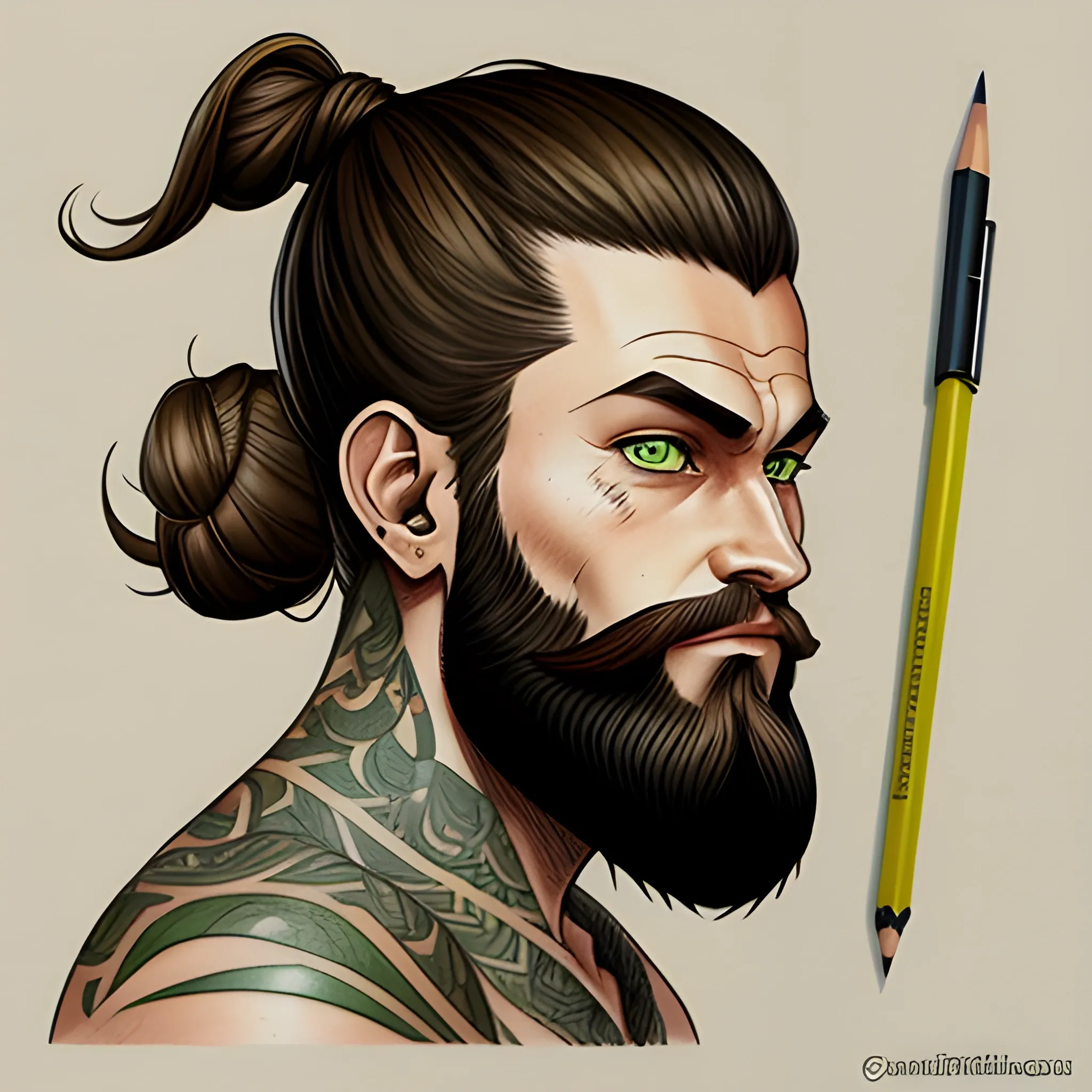brown hair, man bun, beard, green eyes, dnd artstyle ,monk ,
 tattoos, Pencil Sketch