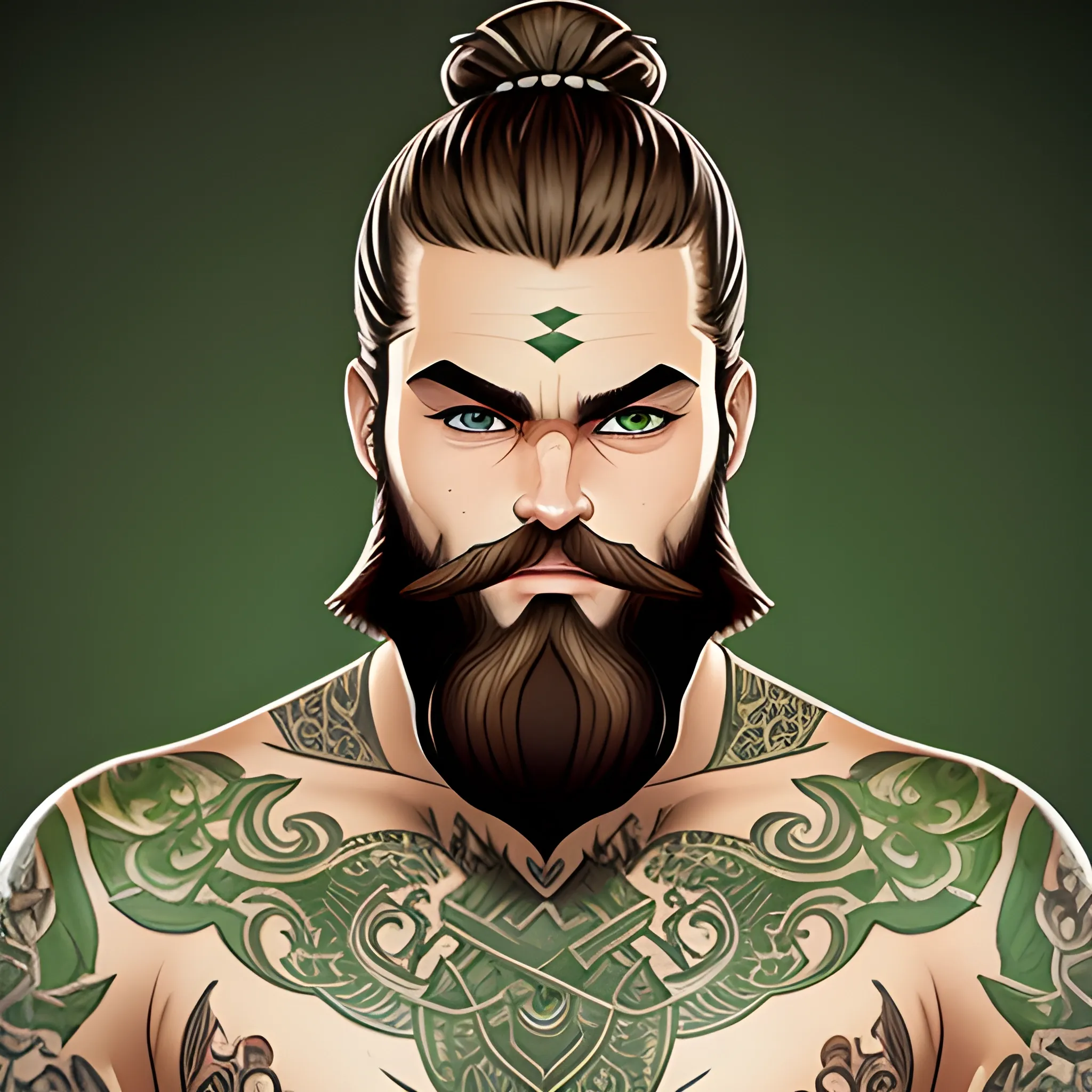 brown hair, man bun, beard, green eyes, dnd artstyle, monk, tattoos
