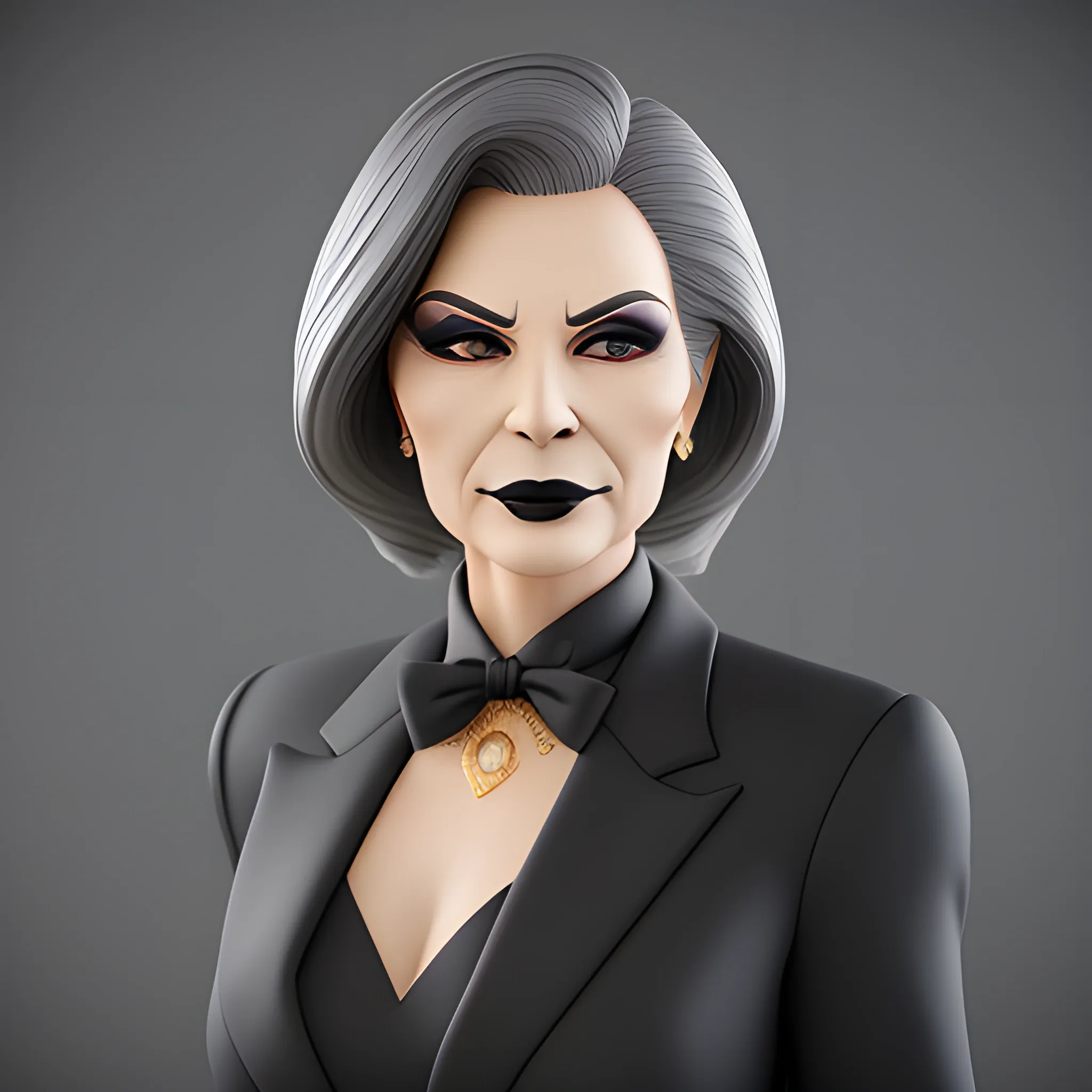 Beautiful grayish shoulder length haired 80 year old business woman with black lipstick and eye makeup dressed in an all black business suit black long tie full body pose photo realistic 24k ultra realistic quality 3D no deformation