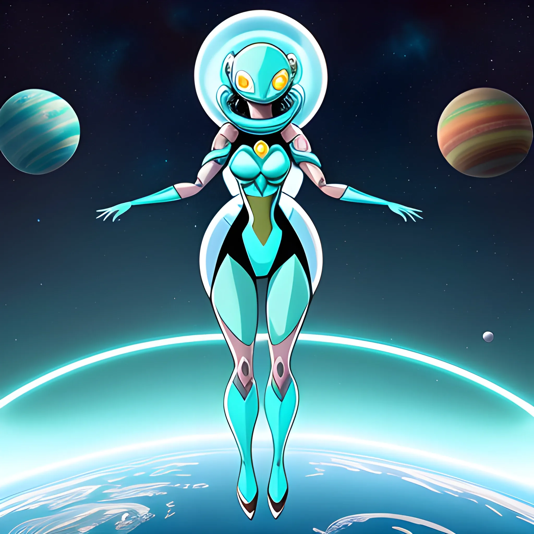 aqua colored, cartoon little girl alien, outerspace with other different colored aliens in the backgroud of space with planets in the back