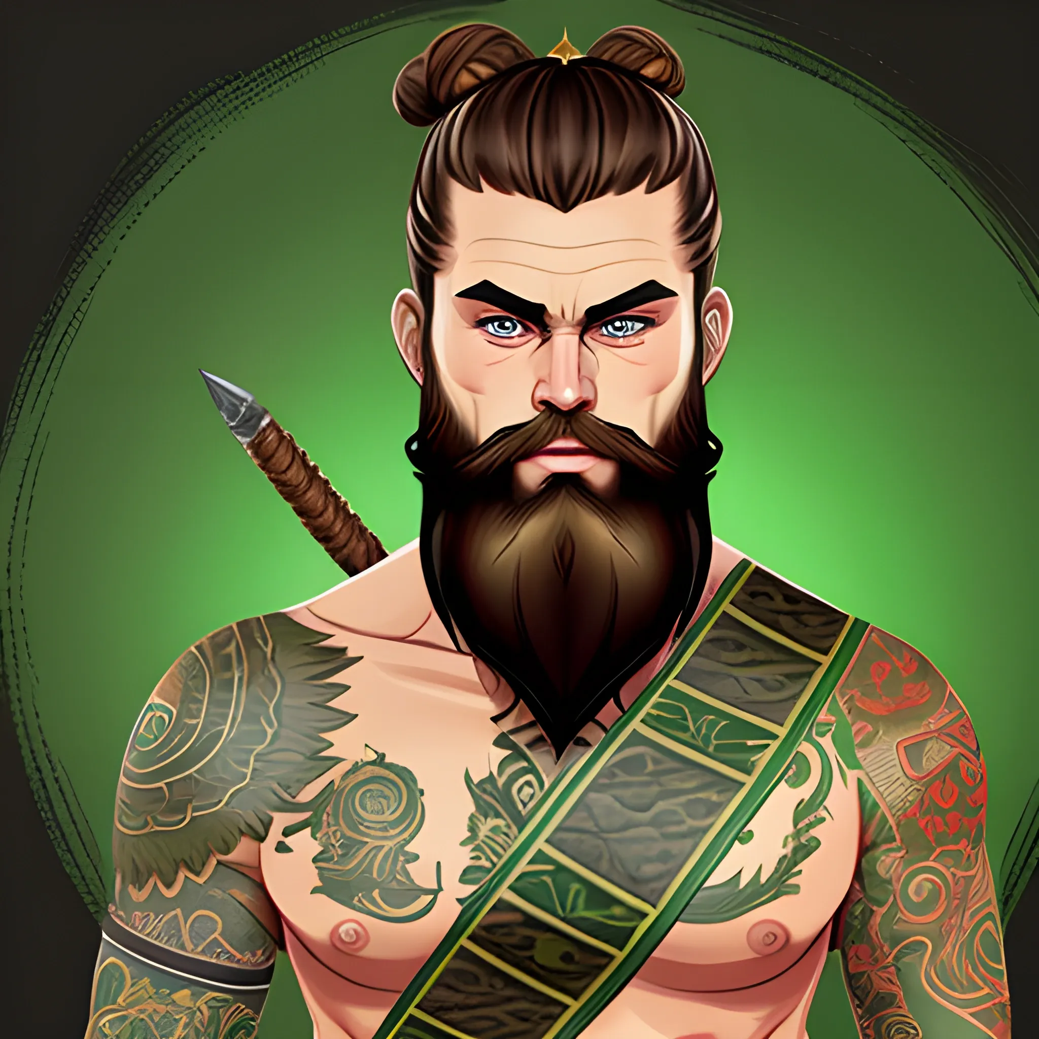 brown hair, man bun, beard, green eyes, dnd artstyle, monk,tattoos
