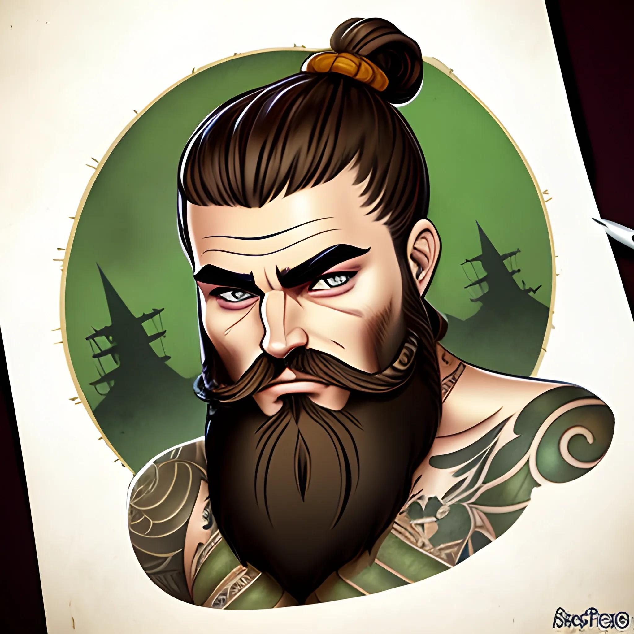 brown hair, man bun, beard, green eyes, dnd monk 
artstyle tattoos