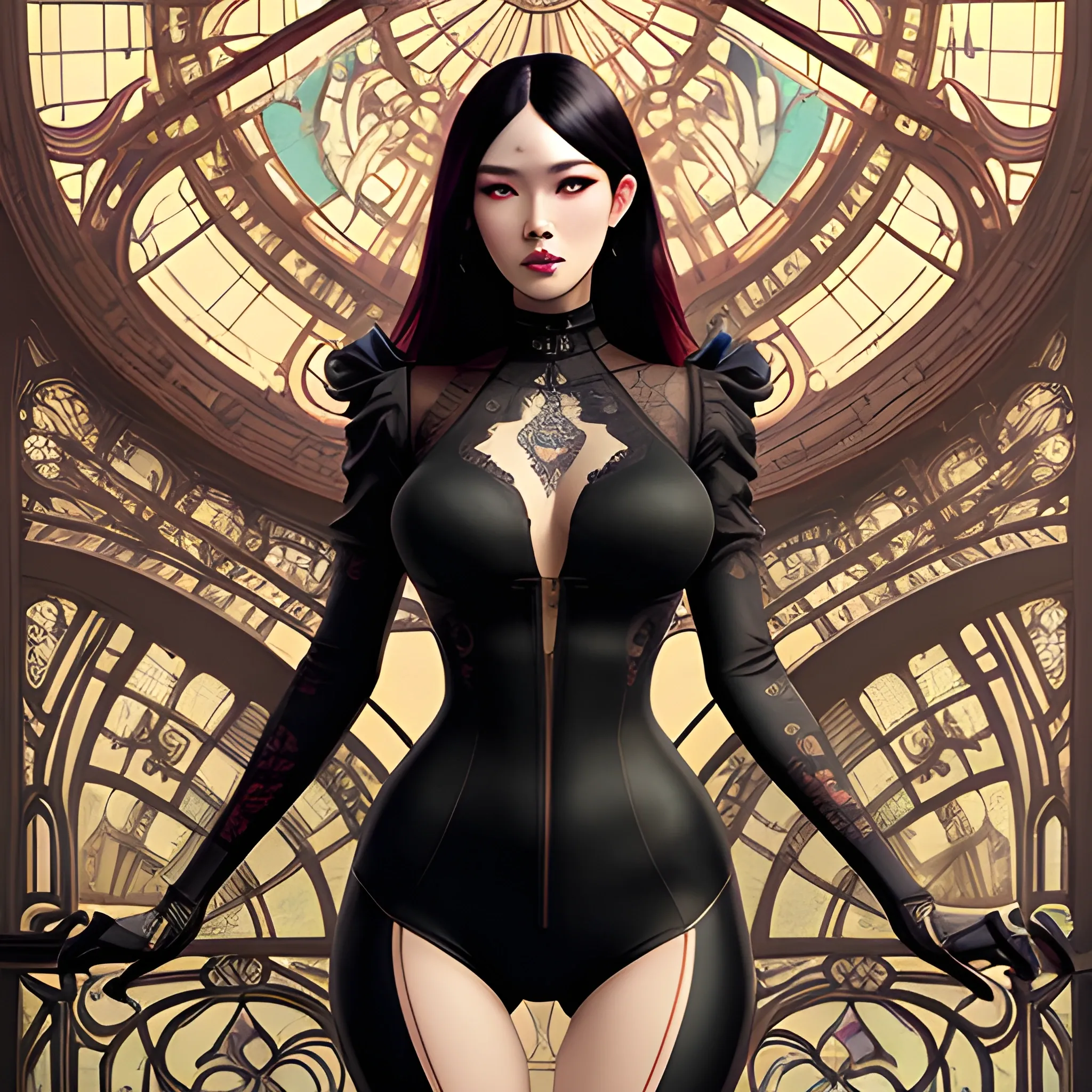 good looking. nice dolled gothic korean girl Suzy, tight lycra shorts, surrounded by art nouveau elements  in the background, high contrast, dark art  by Greg Rutkowski, intricate detail, intensive warm colors, hyper realistic, intricate detail