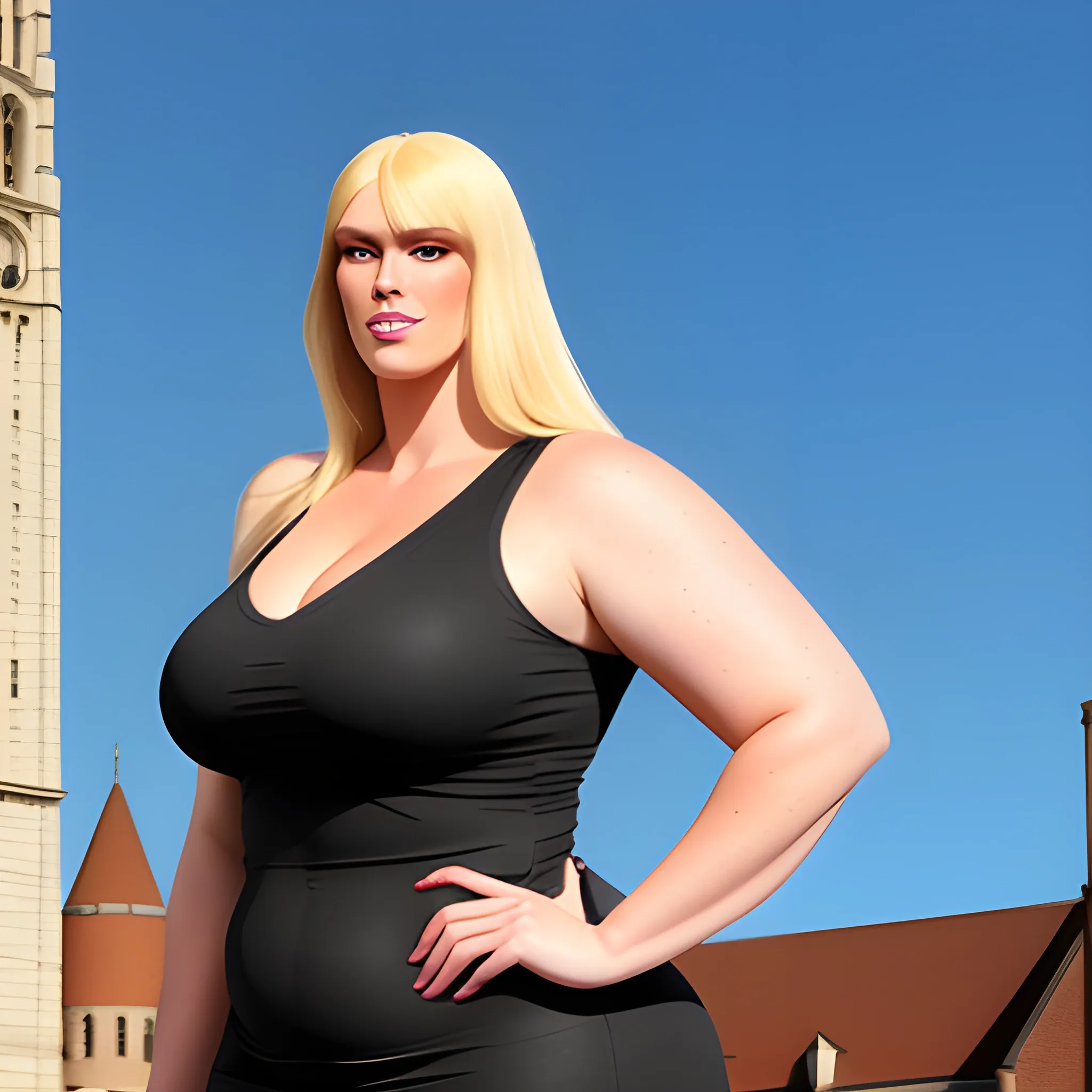 huge and very tall friendly blonde plus size girl with small head and broad shoulders, not curvy but massive, on busy schoolyard towerring among other students and teachers