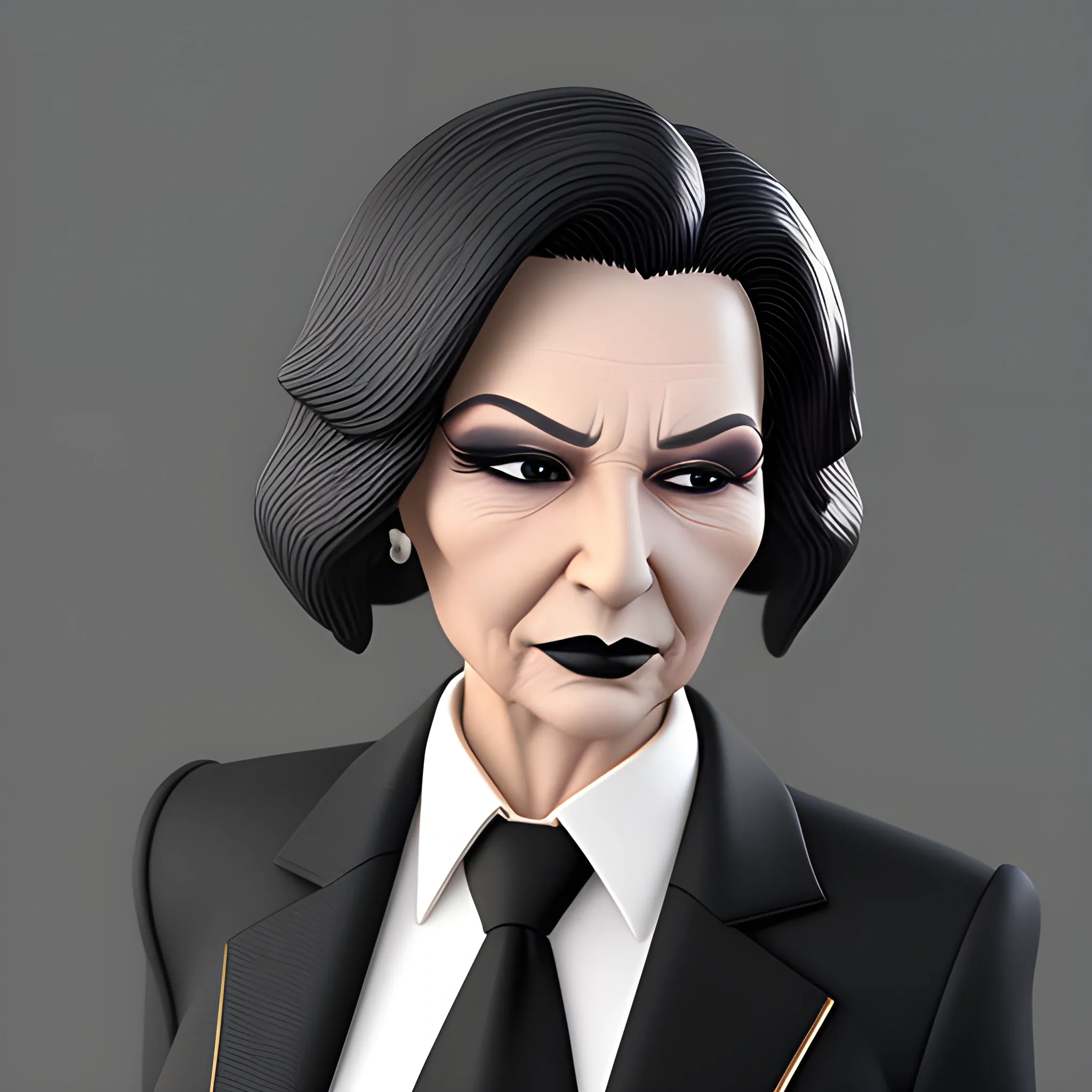 Beautiful grayish shoulder length haired 90 year old business woman with black lipstick and eye makeup dressed in an all black business suit black long tie full body pose photo realistic 24k ultra realistic quality 3D no deformation