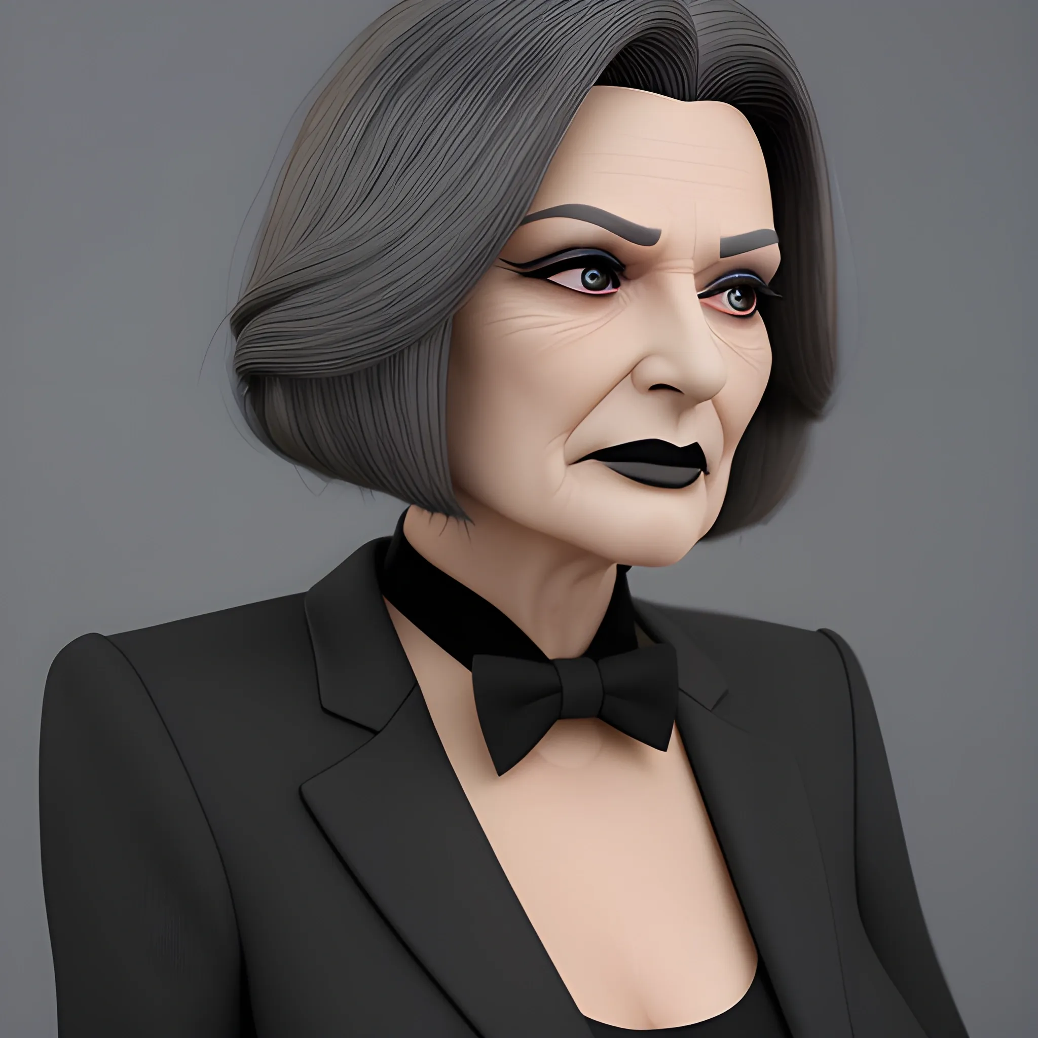 Beautiful grayish shoulder length haired 90 year old business woman with black lipstick and eye makeup dressed in an all black business suit black long tie full body pose photo realistic 24k ultra realistic quality 3D no deformation