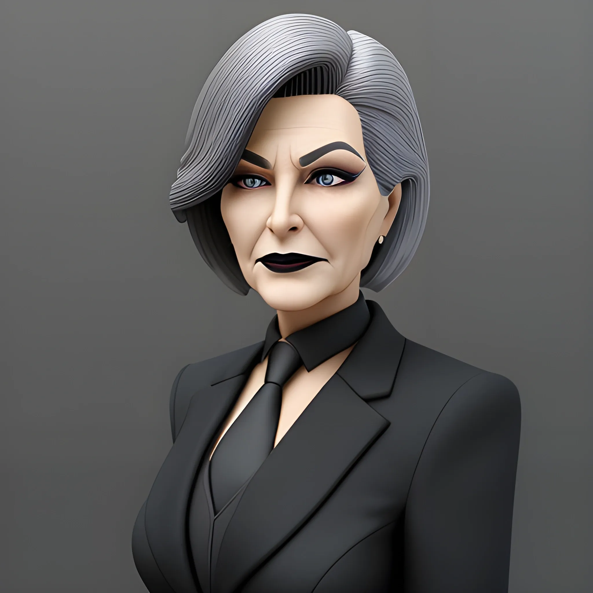 Beautiful grayish shoulder length haired 90 year old business woman with black lipstick and eye makeup dressed in an all black business suit black long tie full body pose photo realistic 24k ultra realistic quality 3D no deformation