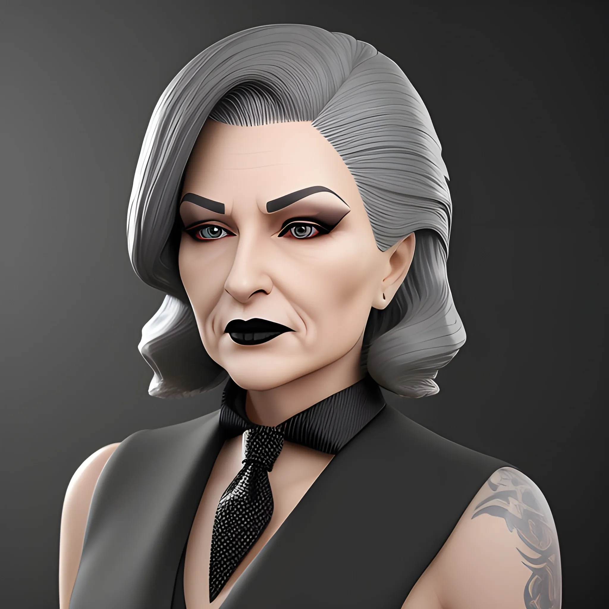 Beautiful grayish shoulder length haired 100 year old business woman with black lipstick and eye makeup dressed in an all black business suit black long tie full body pose photo realistic 24k ultra realistic quality 3D no deformation