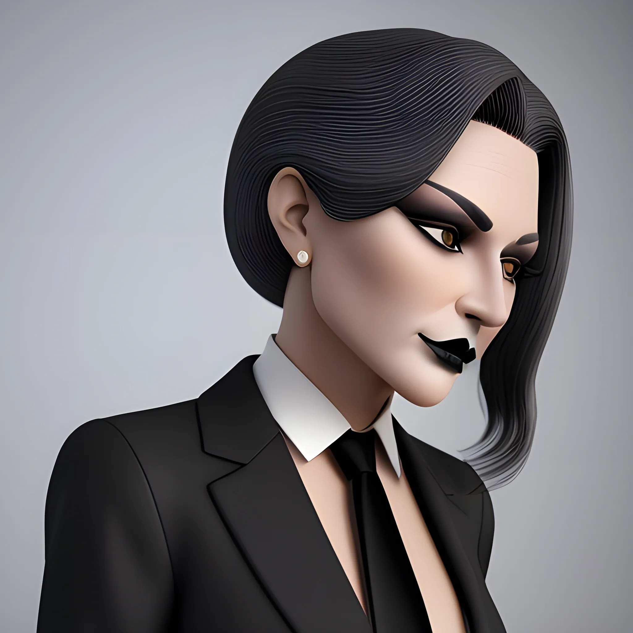 Beautiful grayish shoulder length haired 100 year old business woman with black lipstick and eye makeup dressed in an all black business suit black long tie full body pose photo realistic 24k ultra realistic quality 3D no deformation