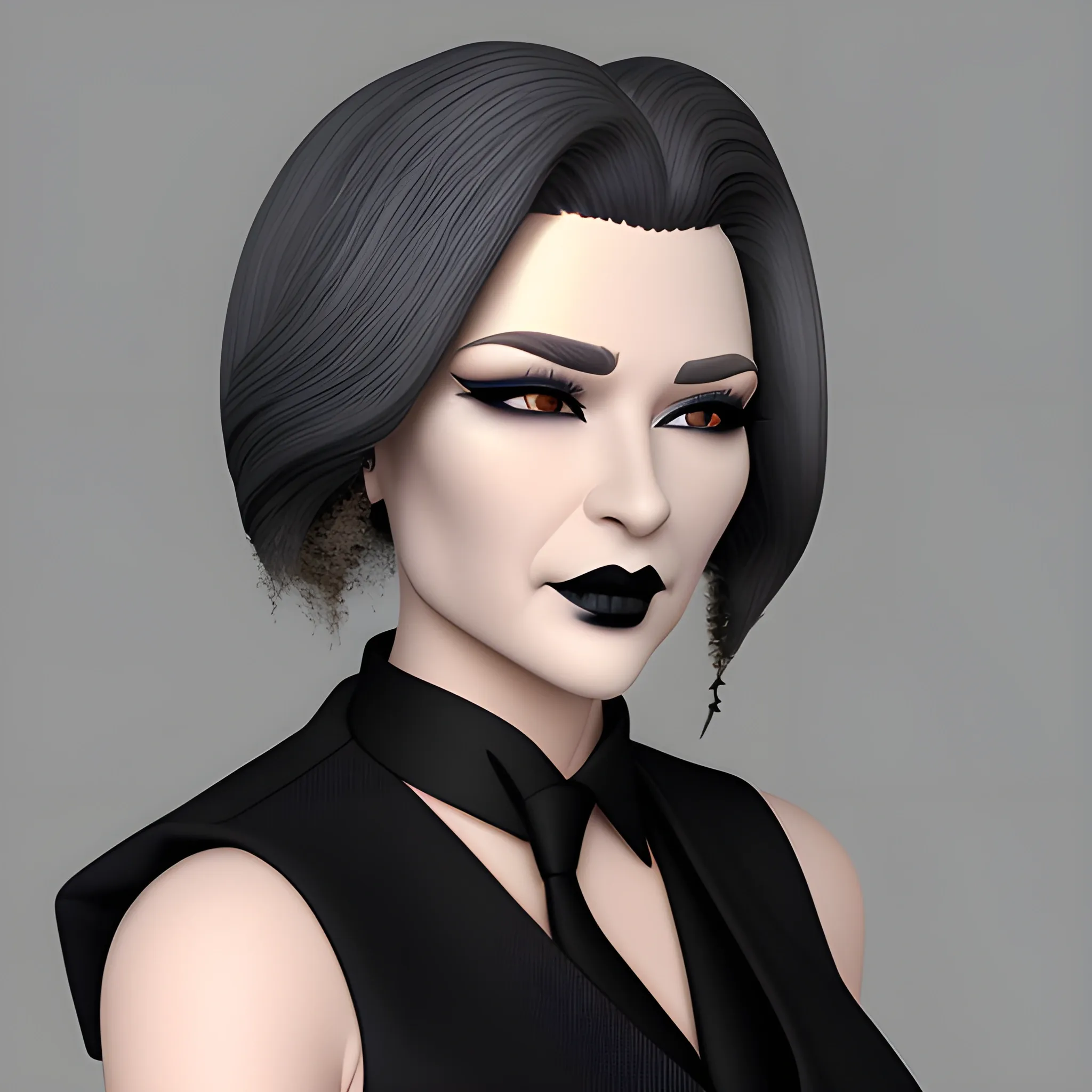 Beautiful grayish shoulder length haired 100 year old business woman with black lipstick and eye makeup dressed in an all black business suit black long tie full body pose photo realistic 24k ultra realistic quality 3D no deformation