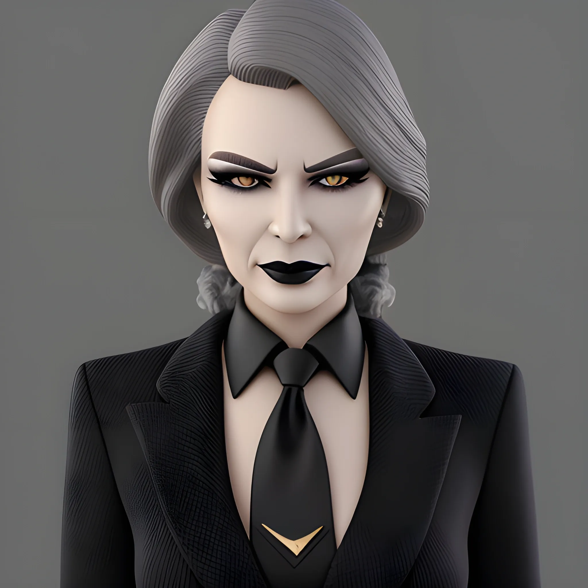 Beautiful grayish shoulder length haired 100 year old business woman with black lipstick and eye makeup dressed in an all black business suit black long tie full body pose photo realistic 24k ultra realistic quality 3D no deformation