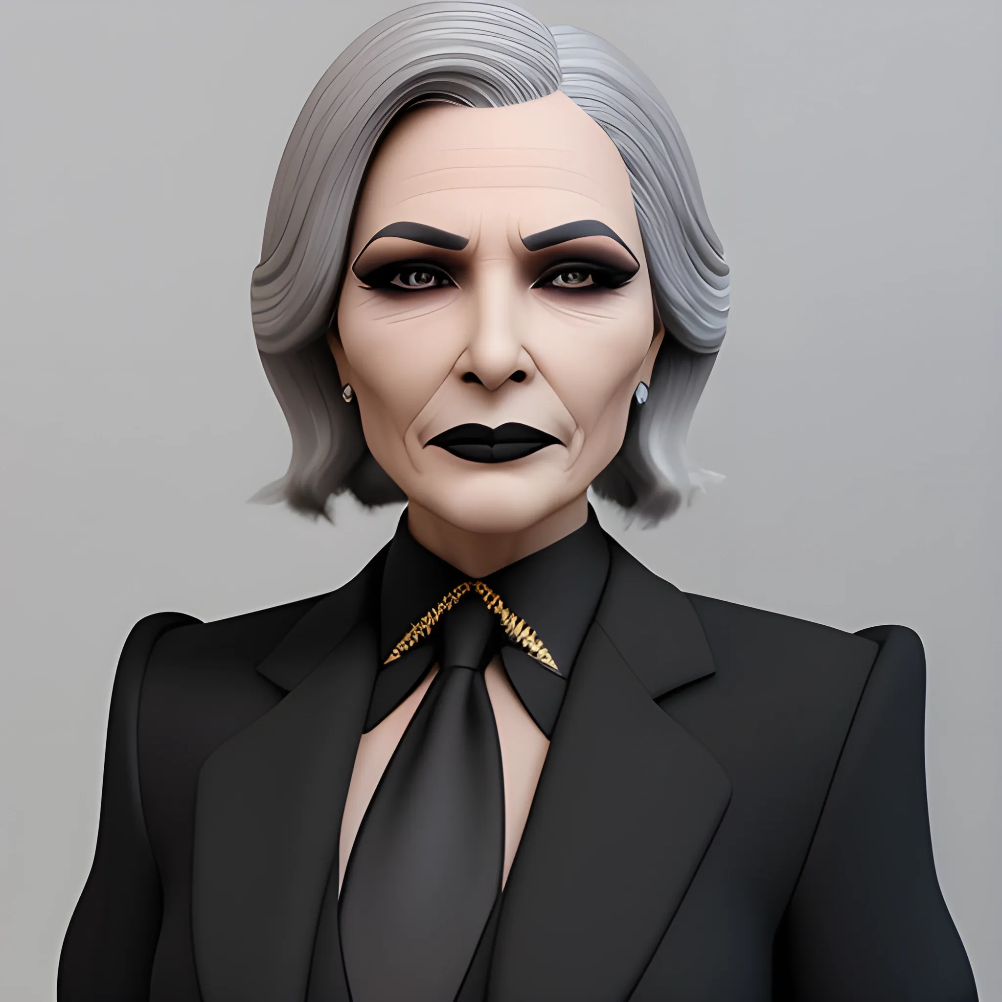 Beautiful grayish shoulder length haired 100 year old business woman with black lipstick and eye makeup dressed in an all black business suit black long tie full body pose photo realistic 24k ultra realistic quality 3D no deformation