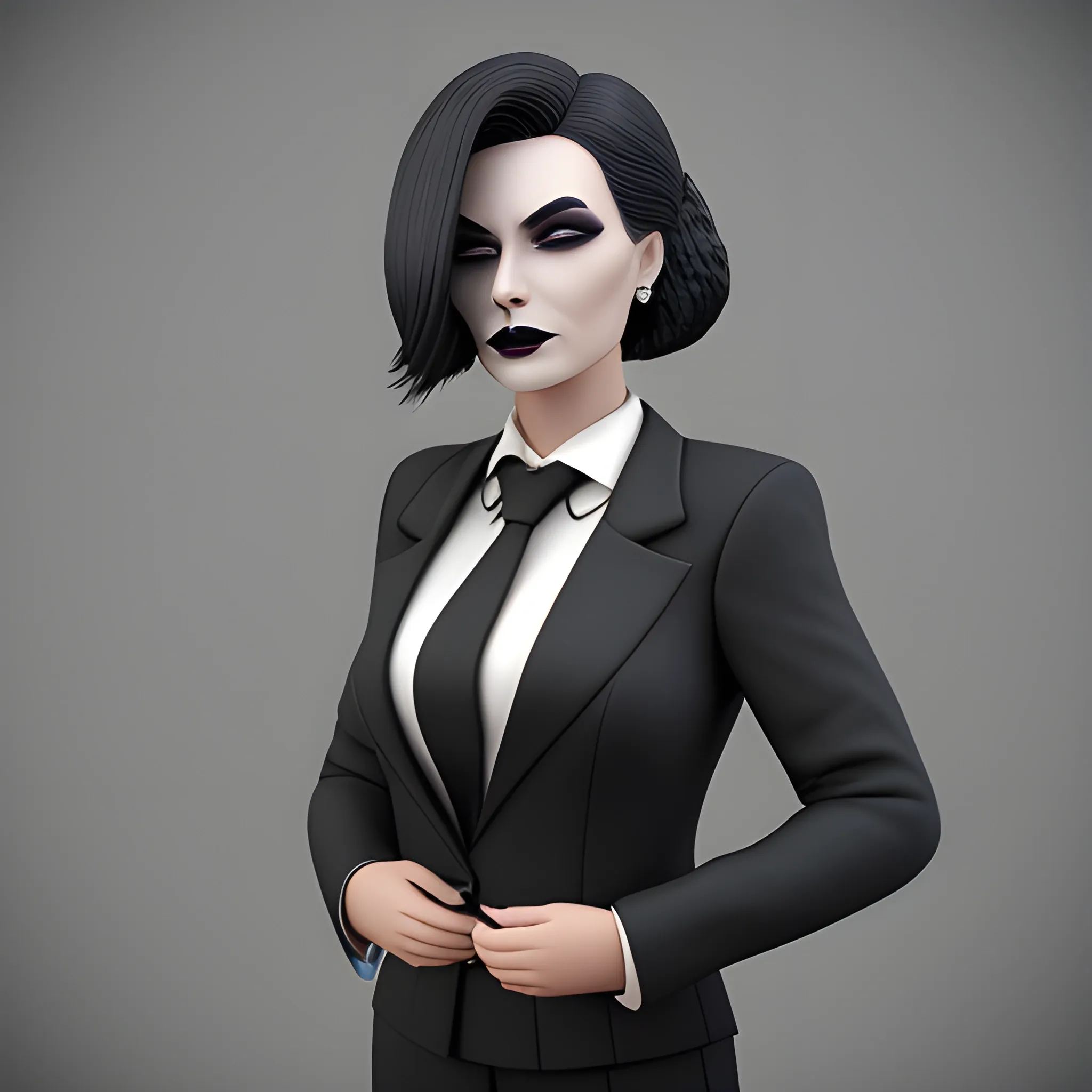 Beautiful grayish shoulder length haired 100 year old business woman with black lipstick and eye makeup dressed in an all black business suit black long tie full body pose photo realistic 24k ultra realistic quality 3D no deformation